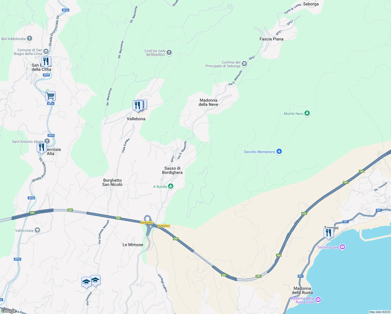 map of restaurants, bars, coffee shops, grocery stores, and more near 10 Località Musso Inferiore in Provincia di Imperia