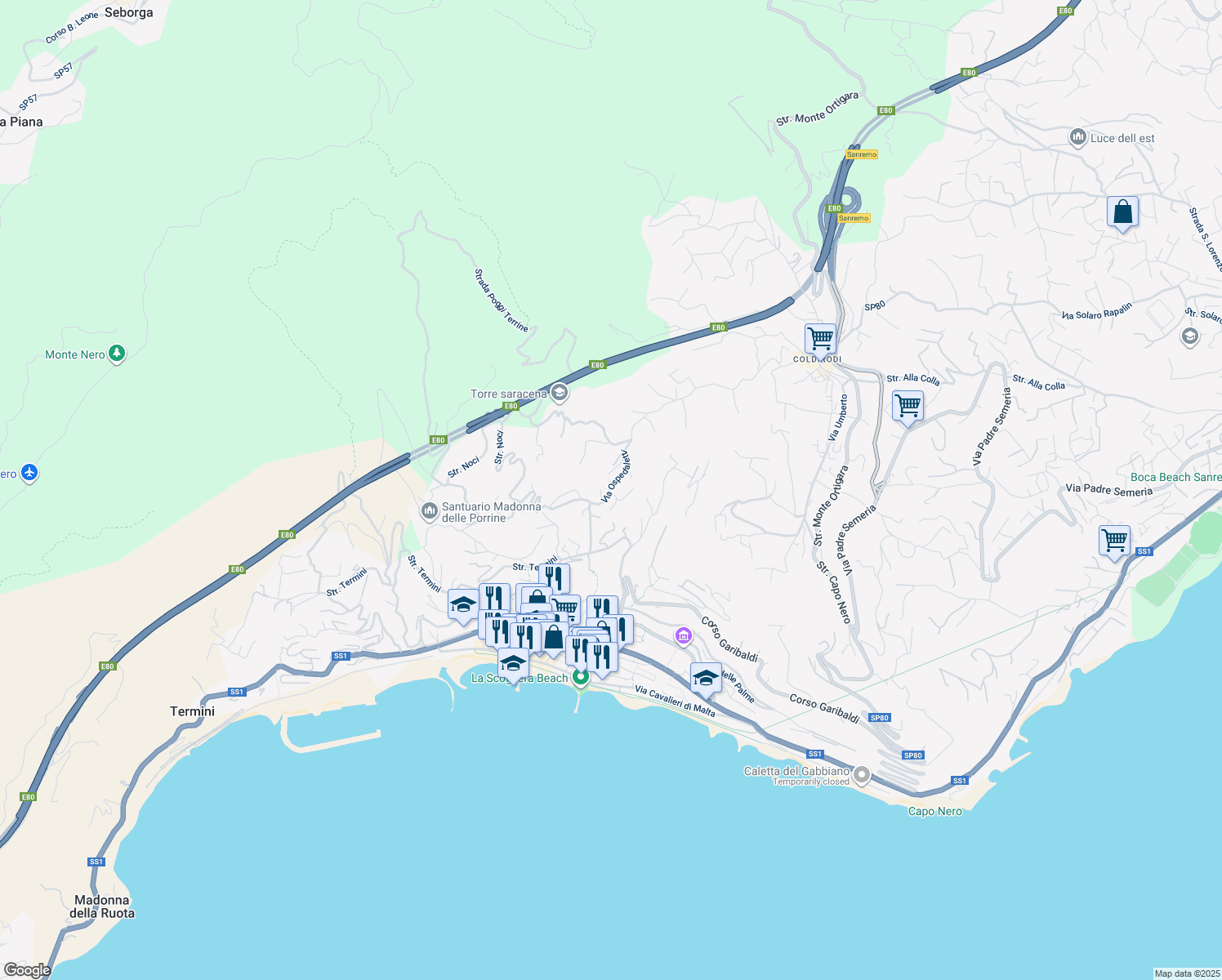map of restaurants, bars, coffee shops, grocery stores, and more near 102 Strada Vallegrande in Ospedaletti