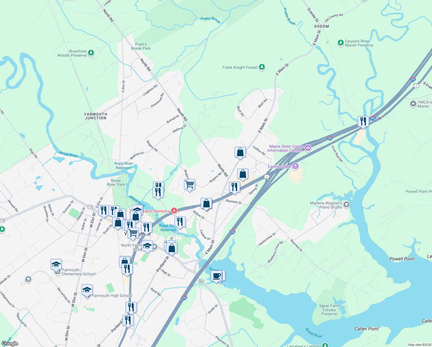 map of restaurants, bars, coffee shops, grocery stores, and more near 23 Rogers Rd in Yarmouth