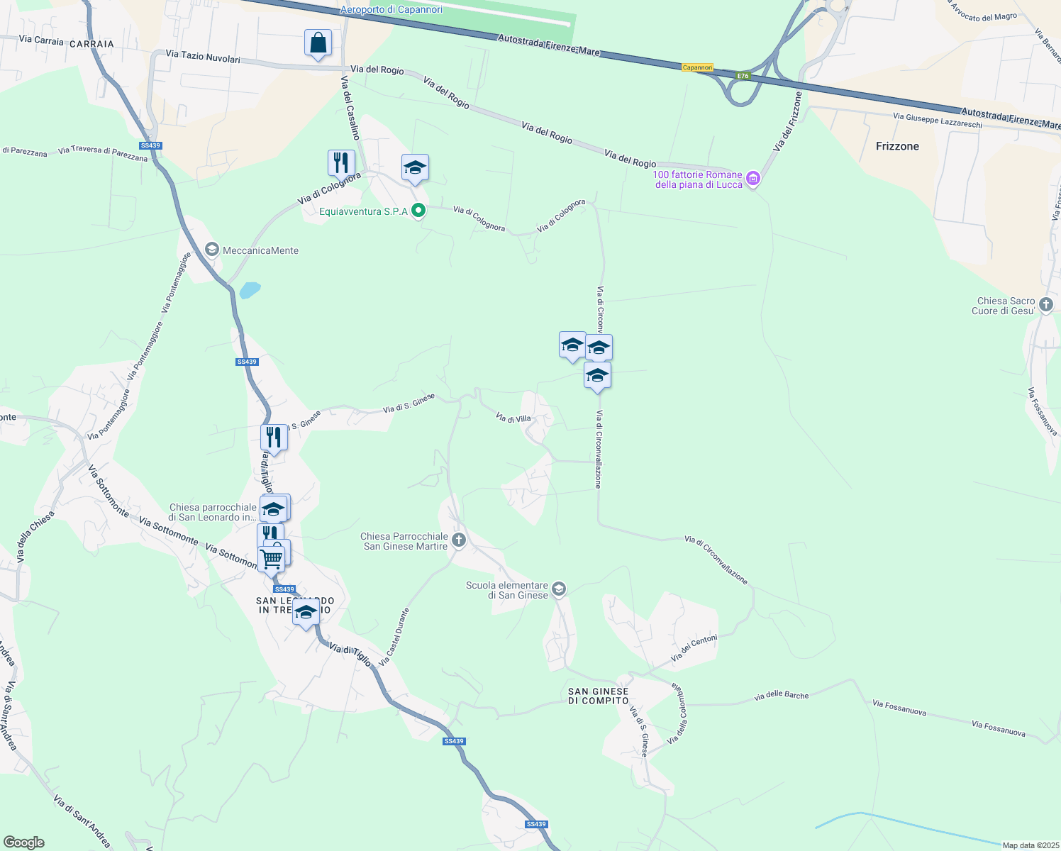 map of restaurants, bars, coffee shops, grocery stores, and more near Via di Villa in Provincia di Lucca