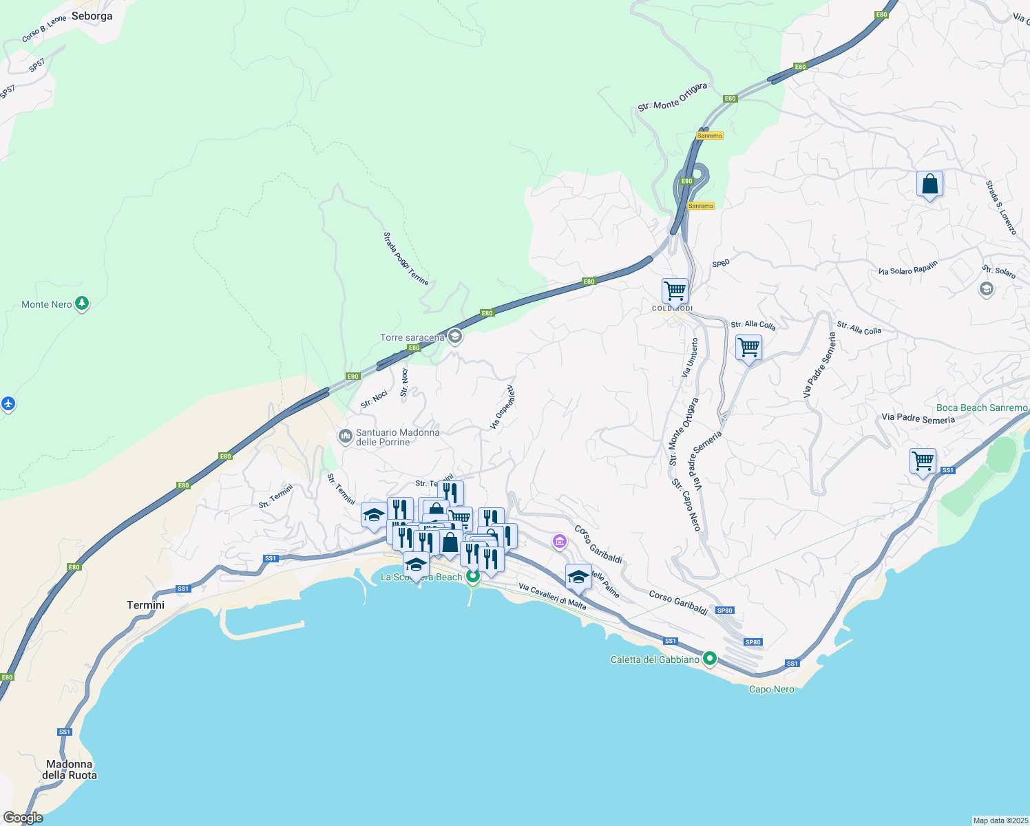 map of restaurants, bars, coffee shops, grocery stores, and more near 102 Strada Vallegrande in Ospedaletti