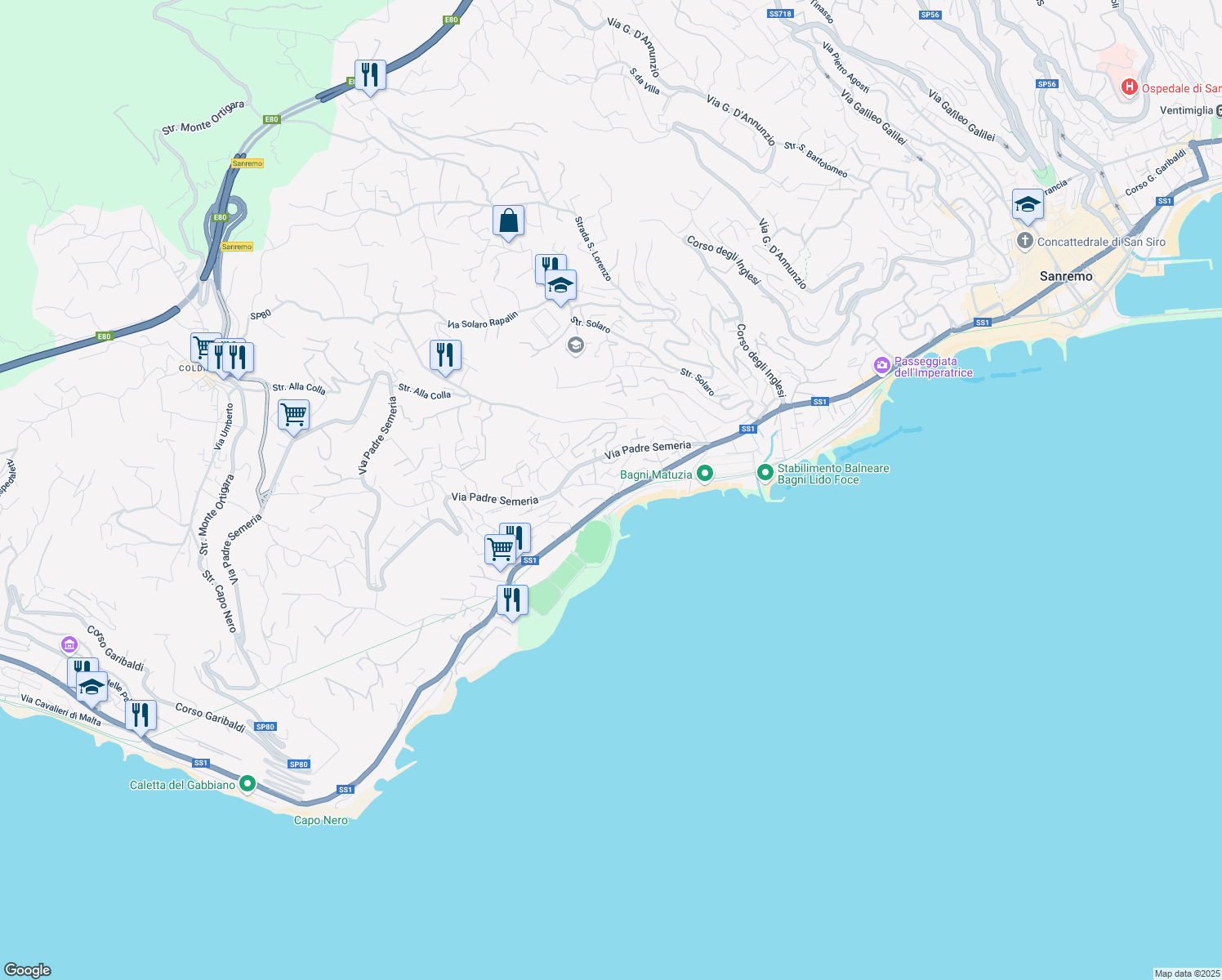 map of restaurants, bars, coffee shops, grocery stores, and more near 62 Corso Guglielmo Marconi in Sanremo