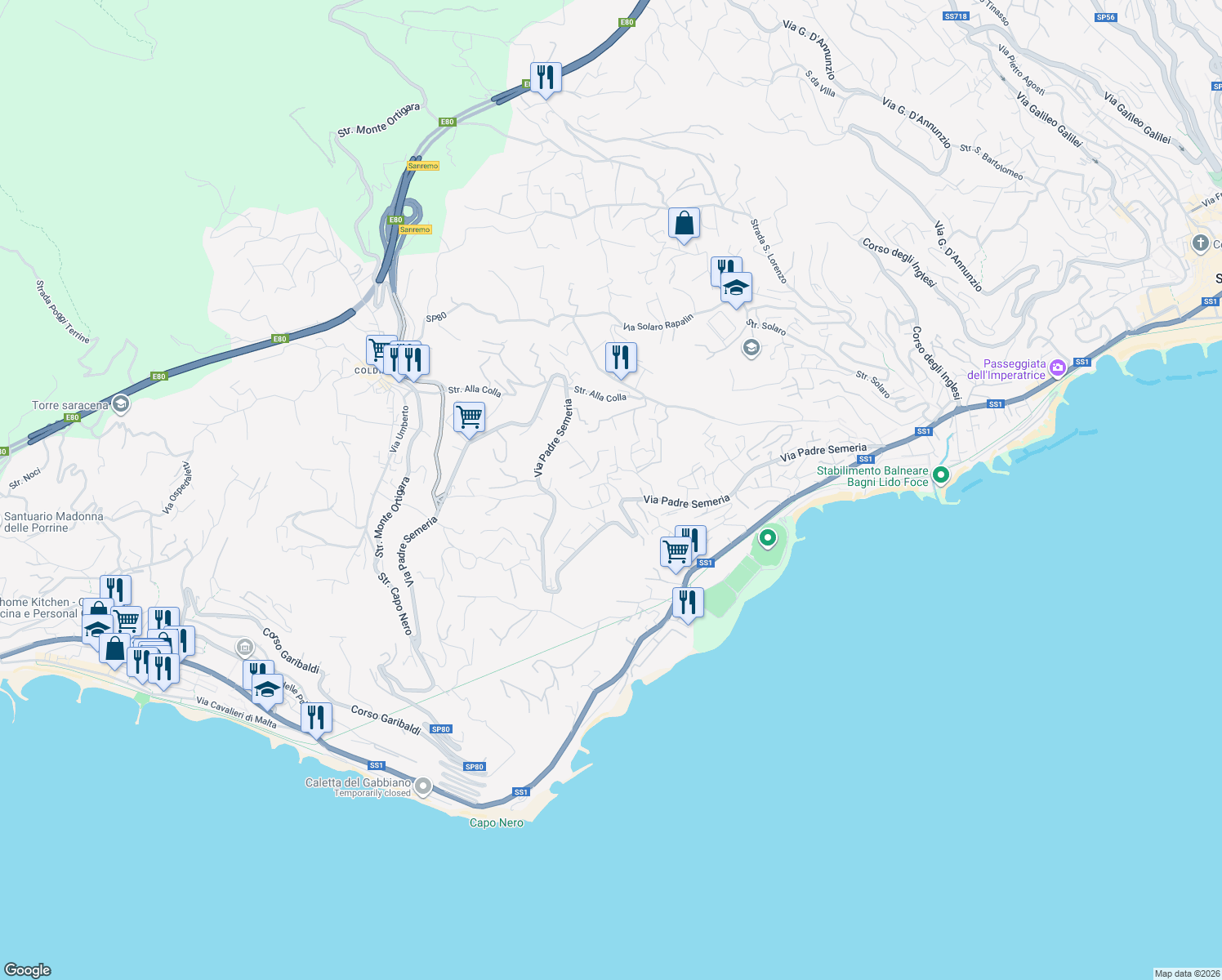 map of restaurants, bars, coffee shops, grocery stores, and more near 398 Via Padre Semeria in Sanremo