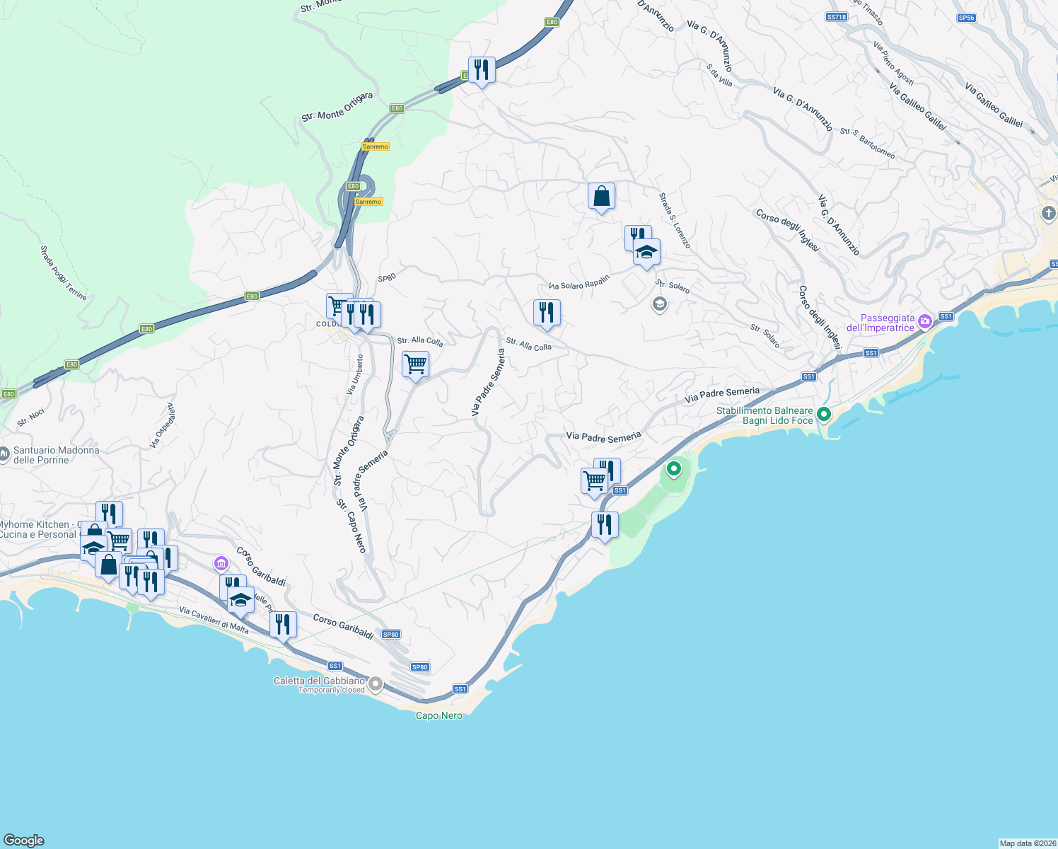 map of restaurants, bars, coffee shops, grocery stores, and more near 398 Via Padre Semeria in Sanremo