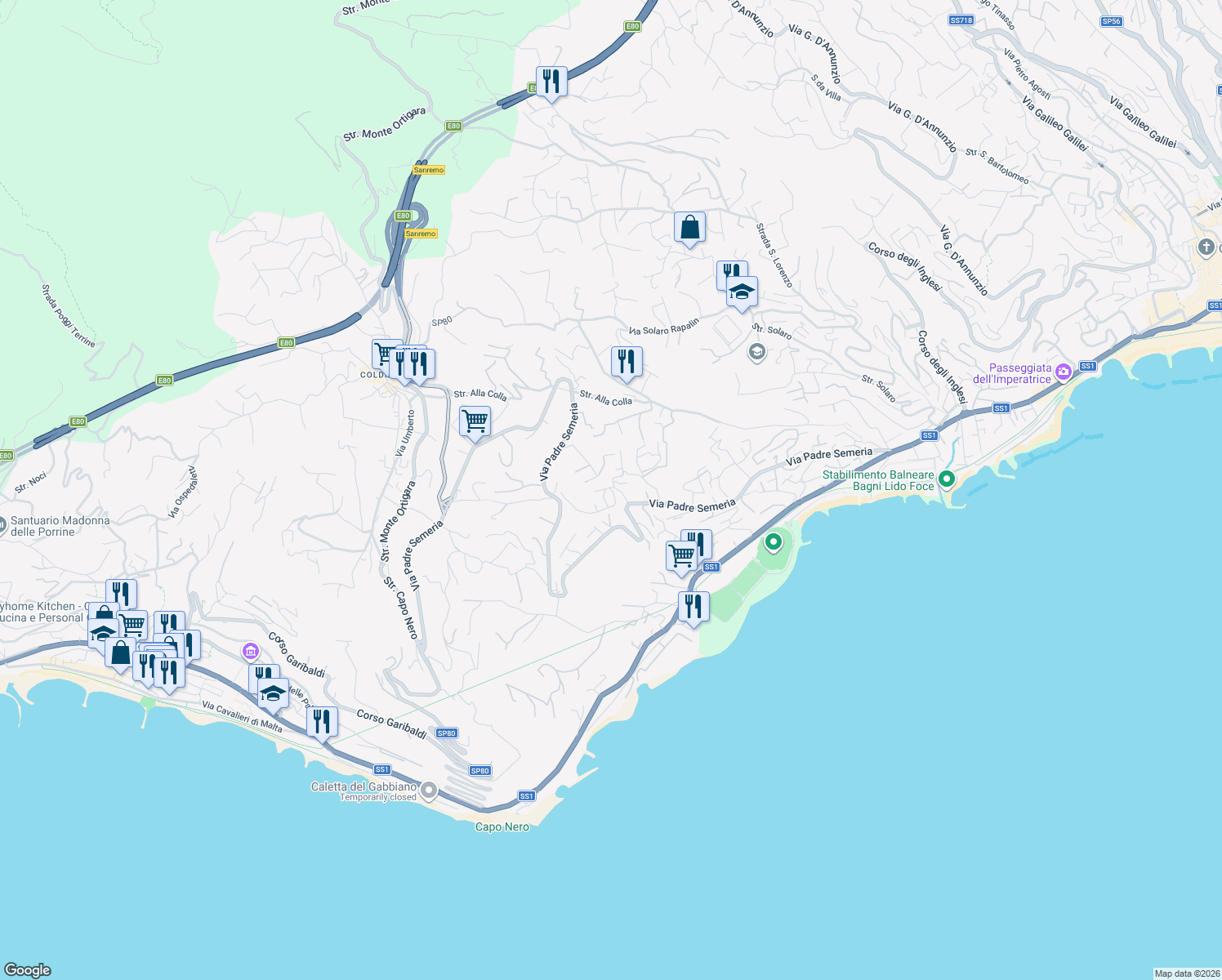 map of restaurants, bars, coffee shops, grocery stores, and more near 398 Via Padre Semeria in Sanremo