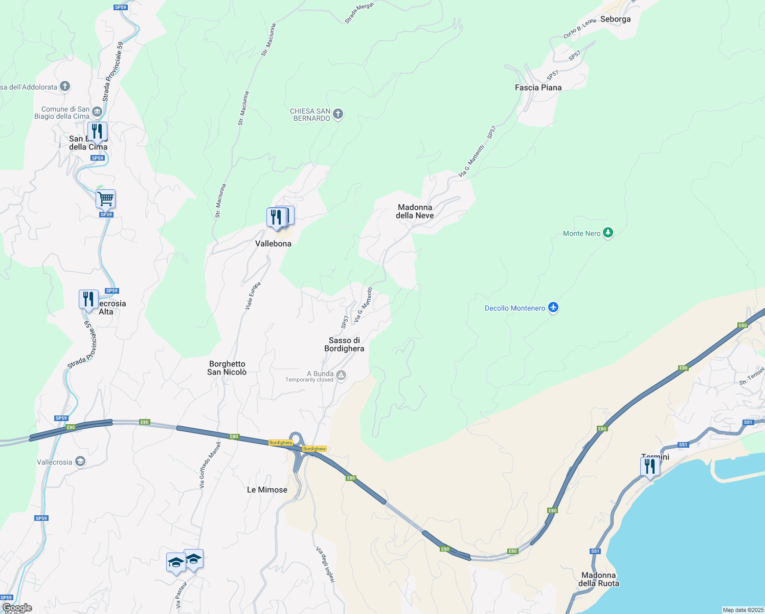 map of restaurants, bars, coffee shops, grocery stores, and more near Strada località Musso Inferiore in Provincia di Imperia