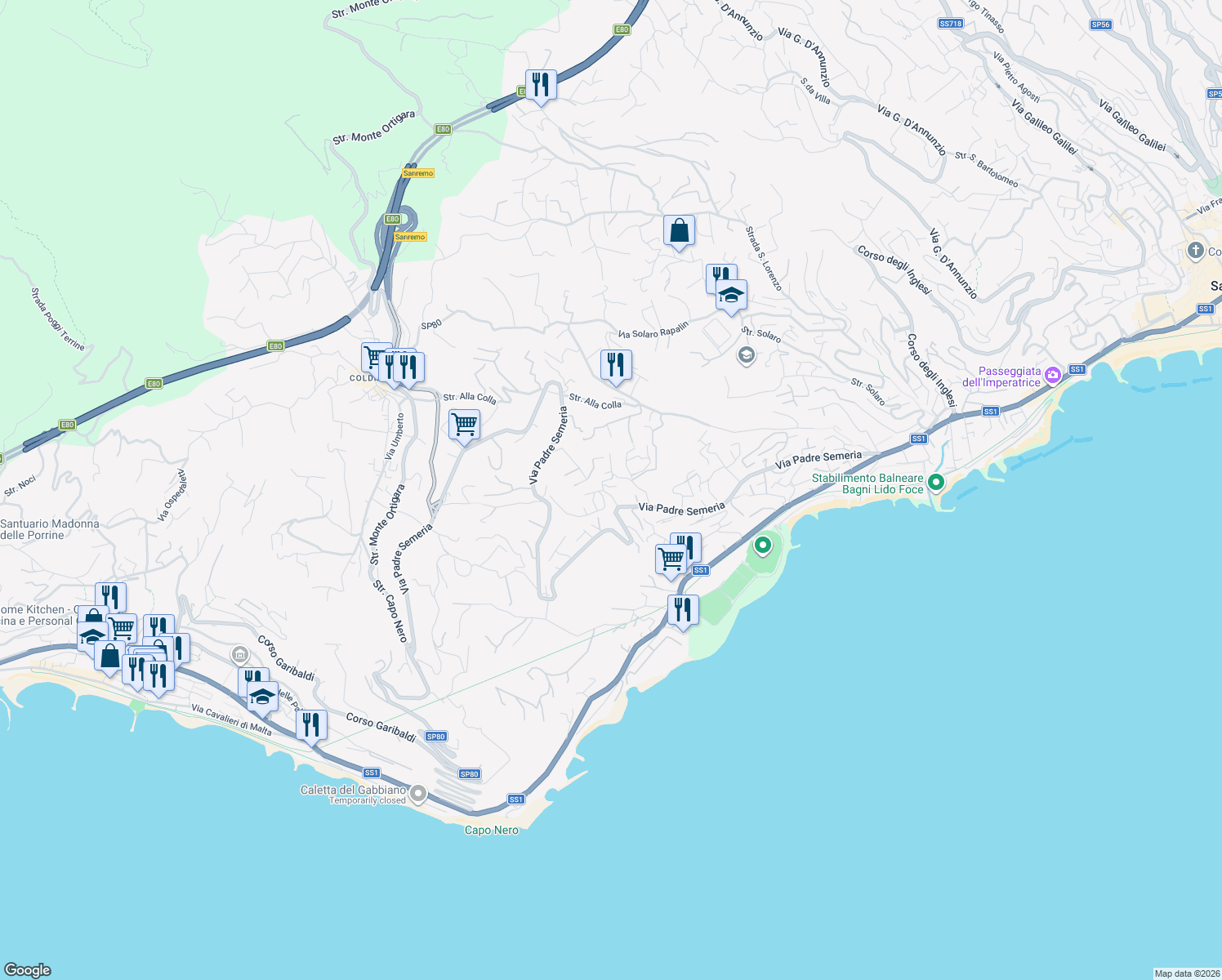 map of restaurants, bars, coffee shops, grocery stores, and more near 398 Via Padre Semeria in Sanremo
