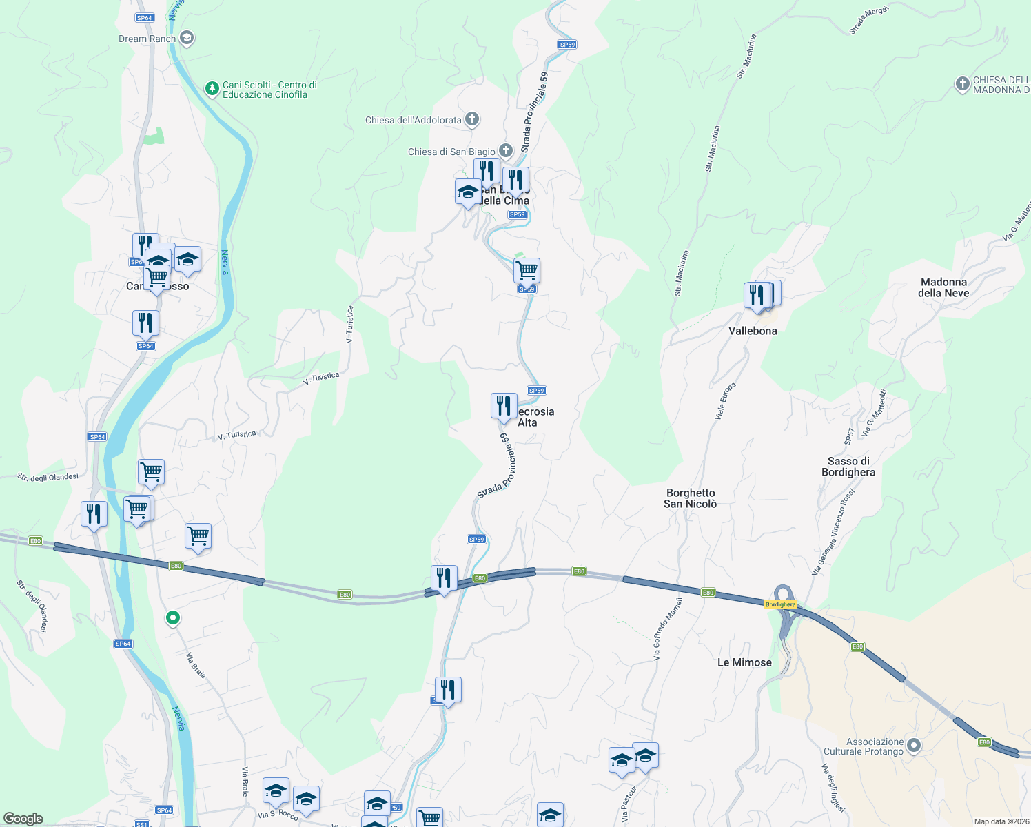map of restaurants, bars, coffee shops, grocery stores, and more near 1 Via Aprosio in Vallecrosia Alta