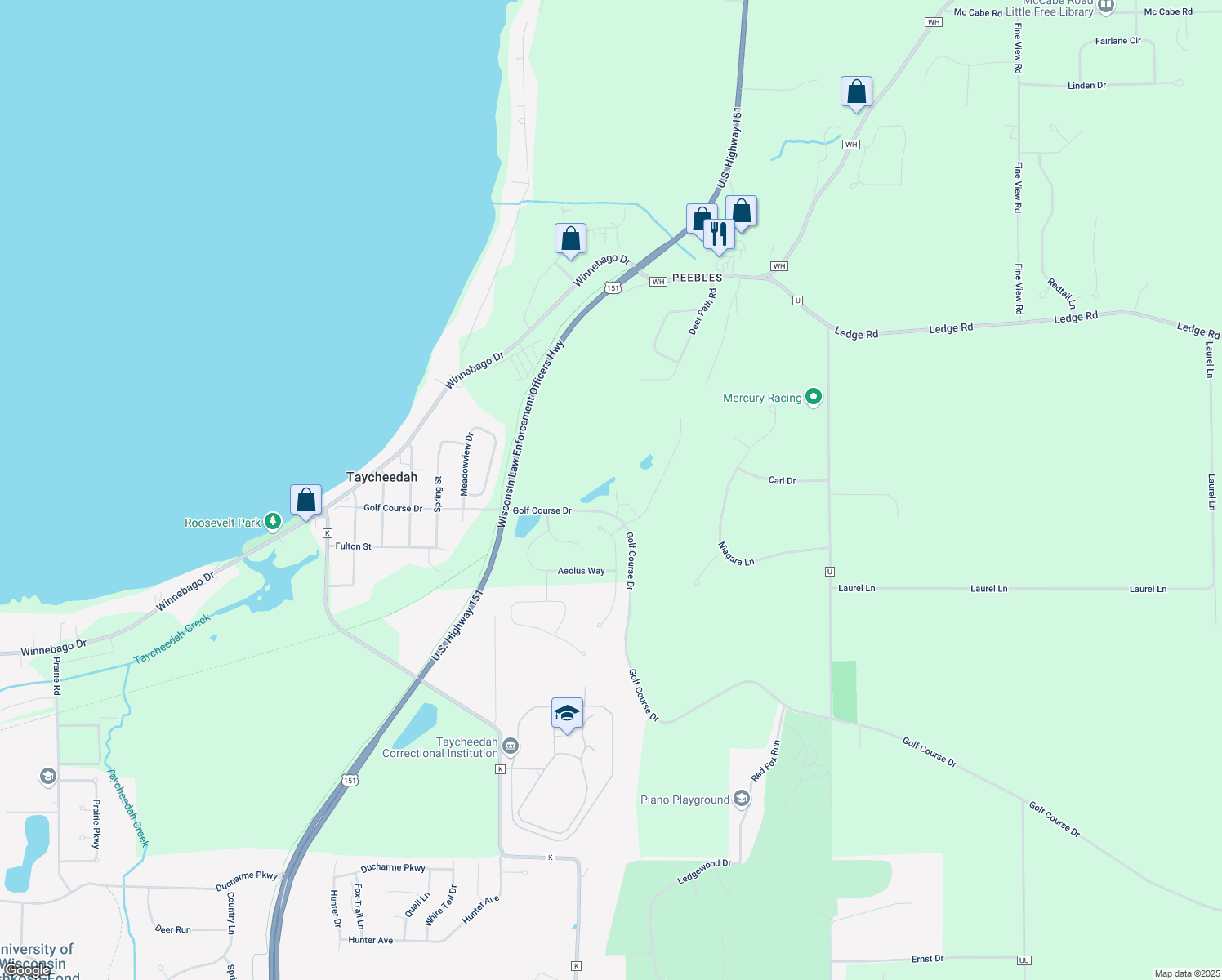 map of restaurants, bars, coffee shops, grocery stores, and more near W4555 Golf Course Dr in Fond du Lac