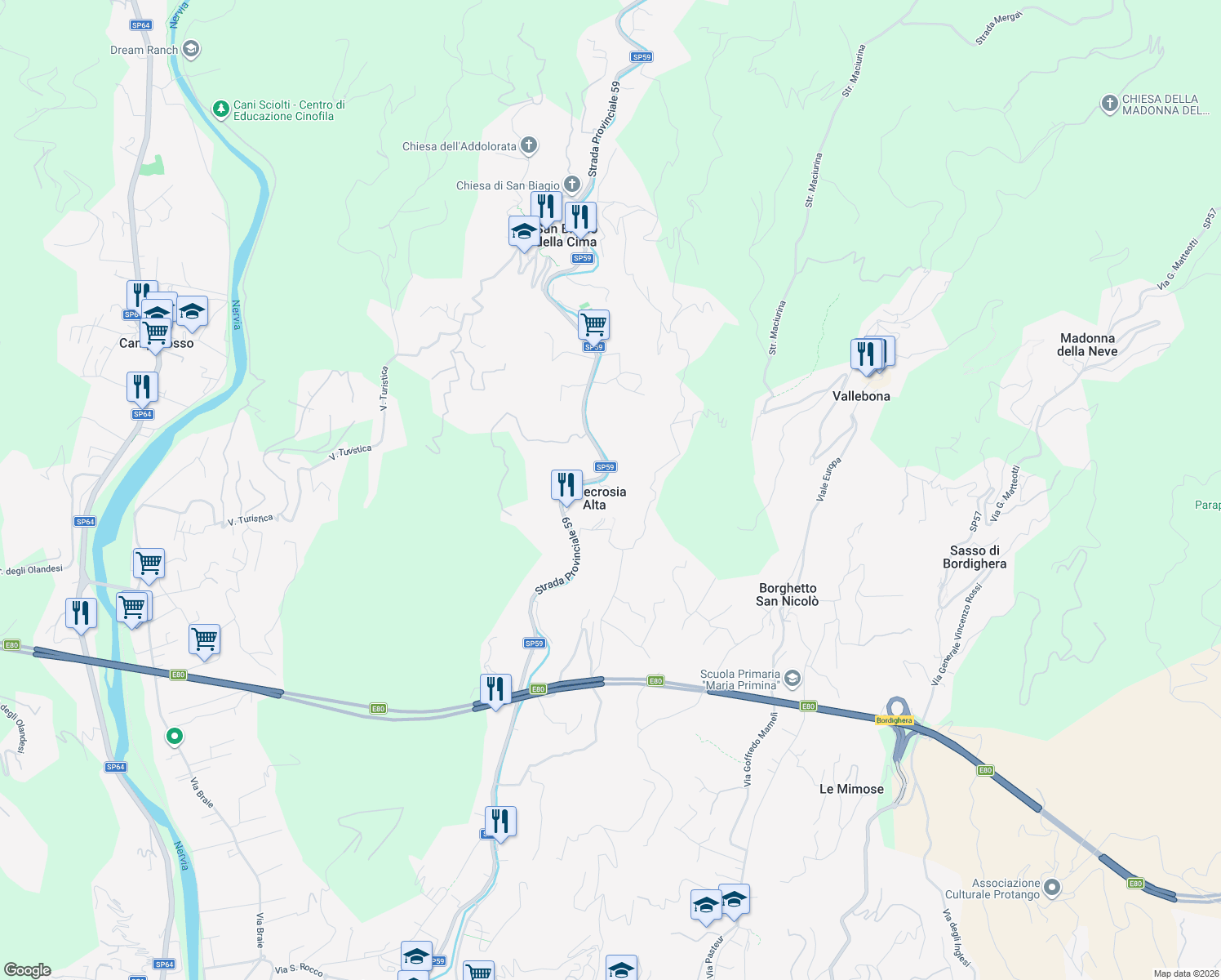 map of restaurants, bars, coffee shops, grocery stores, and more near 25 Via Soprana in Vallecrosia Alta