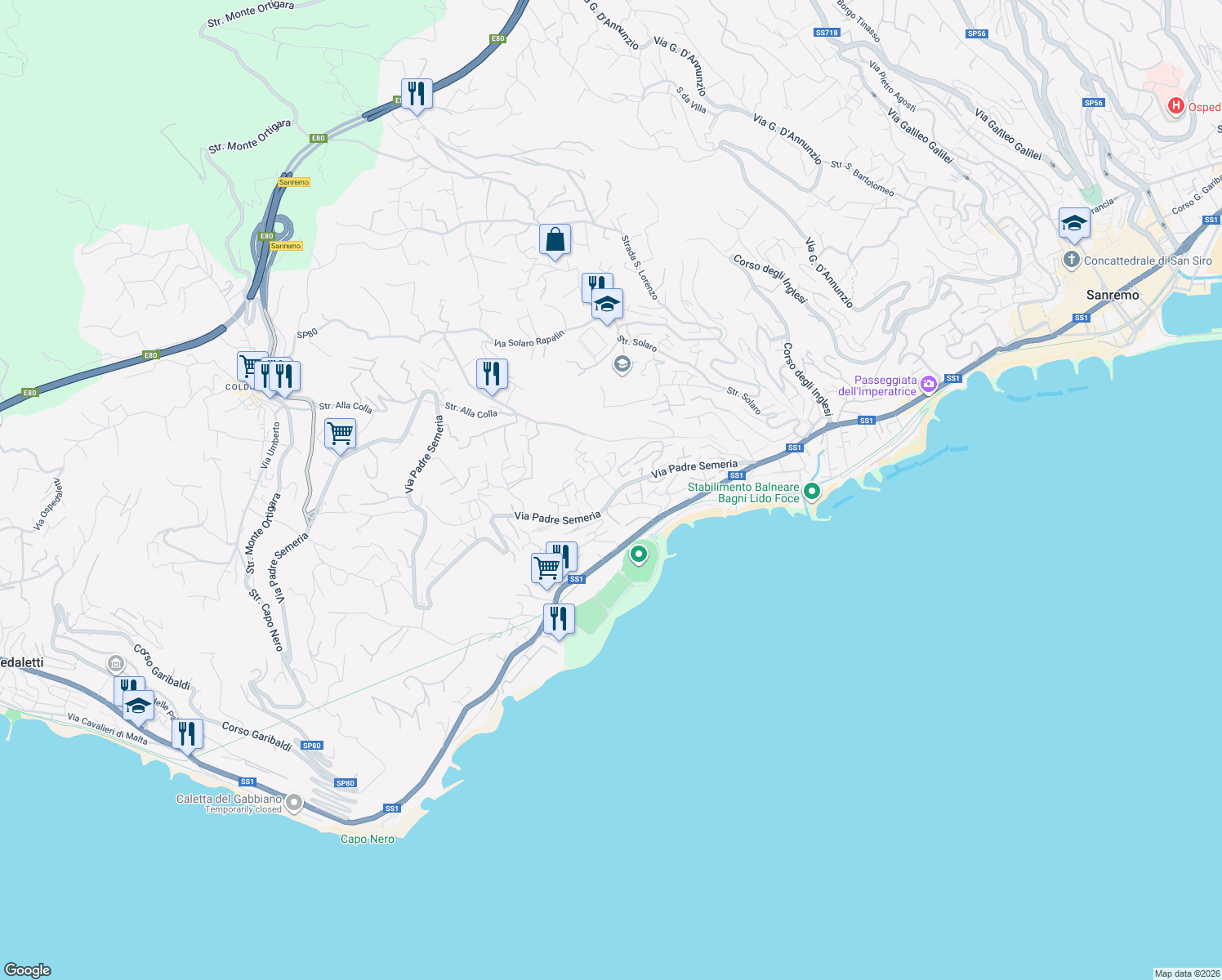 map of restaurants, bars, coffee shops, grocery stores, and more near 2361 Via Padre Semeria in Sanremo
