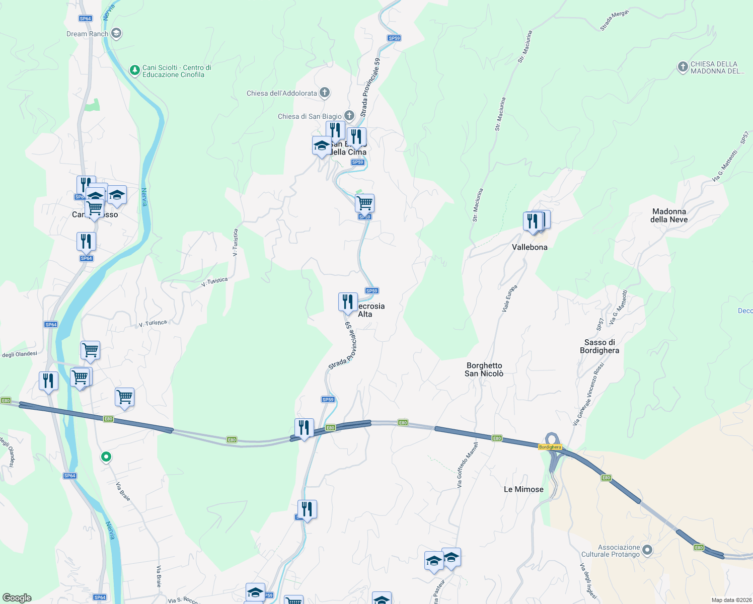 map of restaurants, bars, coffee shops, grocery stores, and more near 26 Via Soprana in Vallecrosia Alta