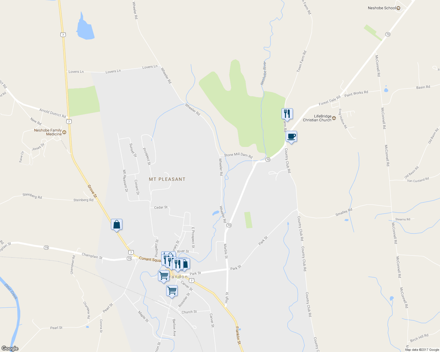 map of restaurants, bars, coffee shops, grocery stores, and more near 426 Wheeler Road in Brandon