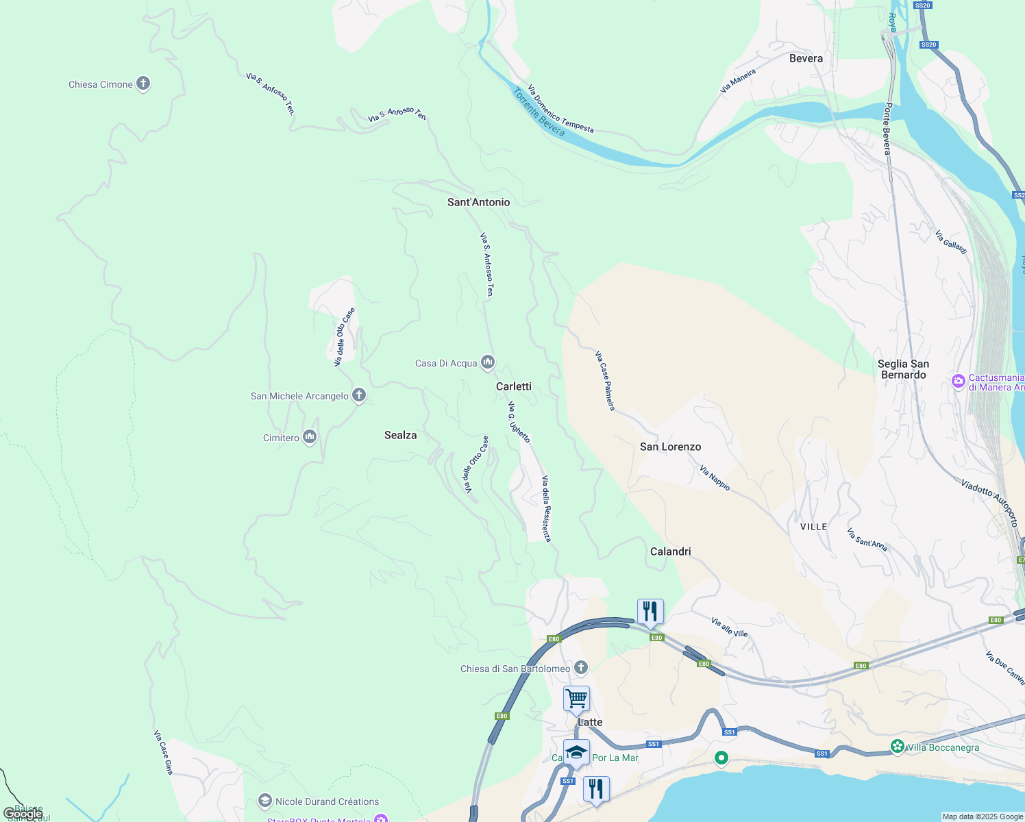 map of restaurants, bars, coffee shops, grocery stores, and more near 49A Via Giuseppe Ughetto in Carletti