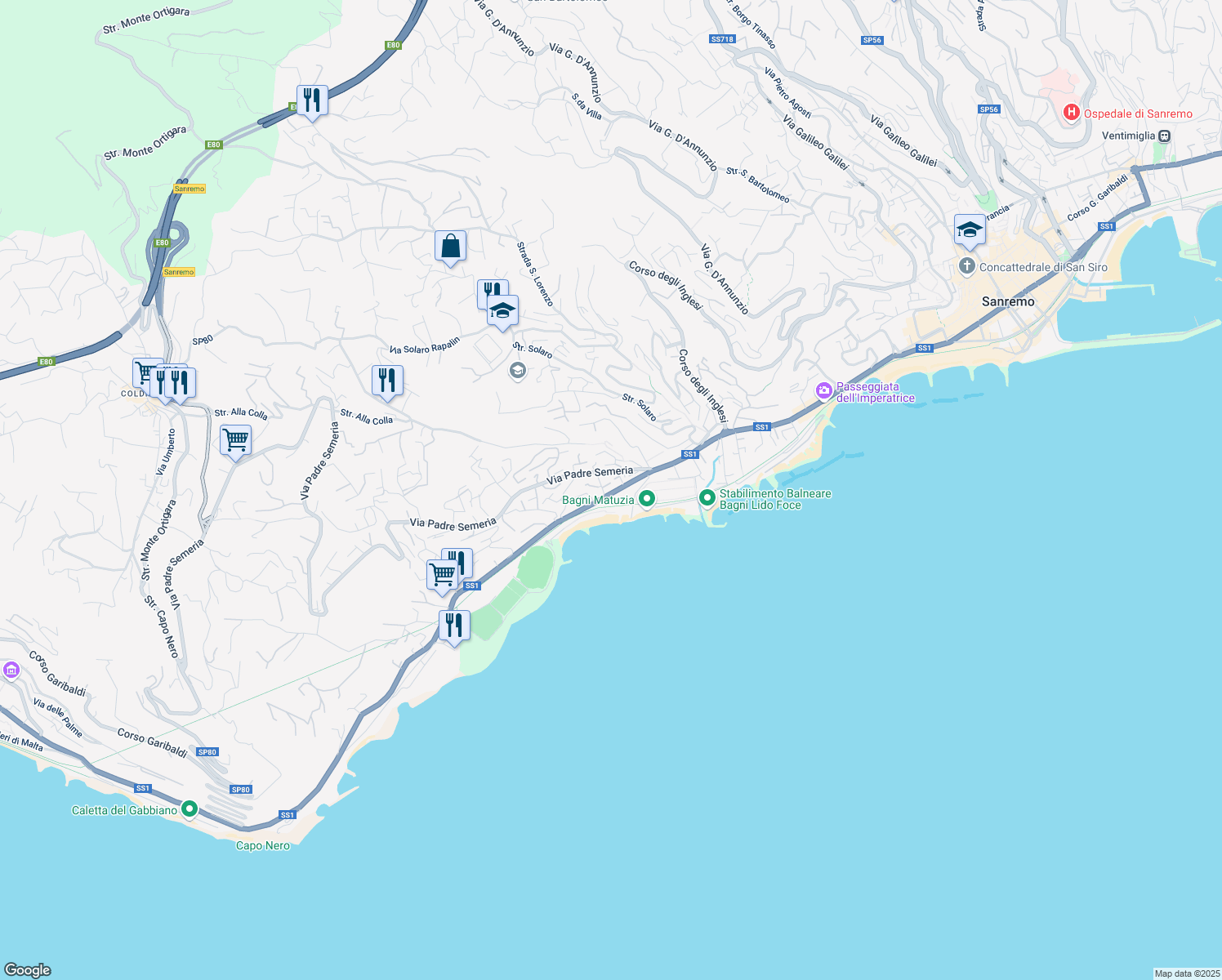map of restaurants, bars, coffee shops, grocery stores, and more near 48 Corso Guglielmo Marconi in Sanremo