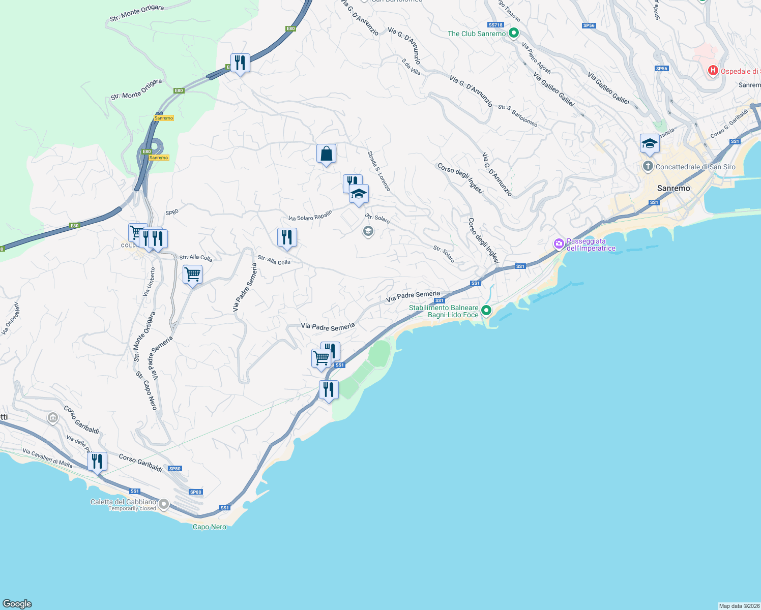 map of restaurants, bars, coffee shops, grocery stores, and more near 87 Via Padre Semeria in Sanremo