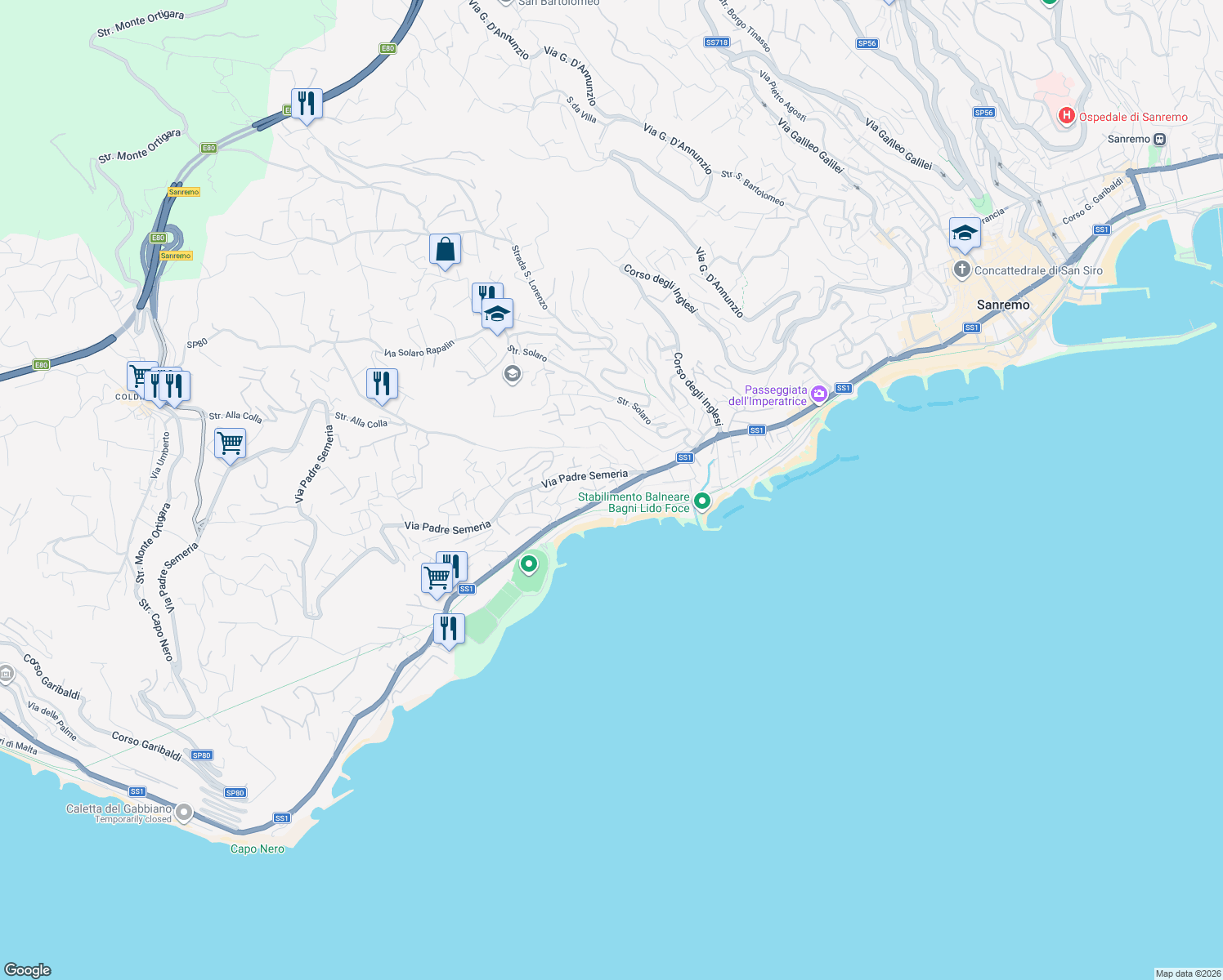 map of restaurants, bars, coffee shops, grocery stores, and more near 48 Corso Guglielmo Marconi in Sanremo