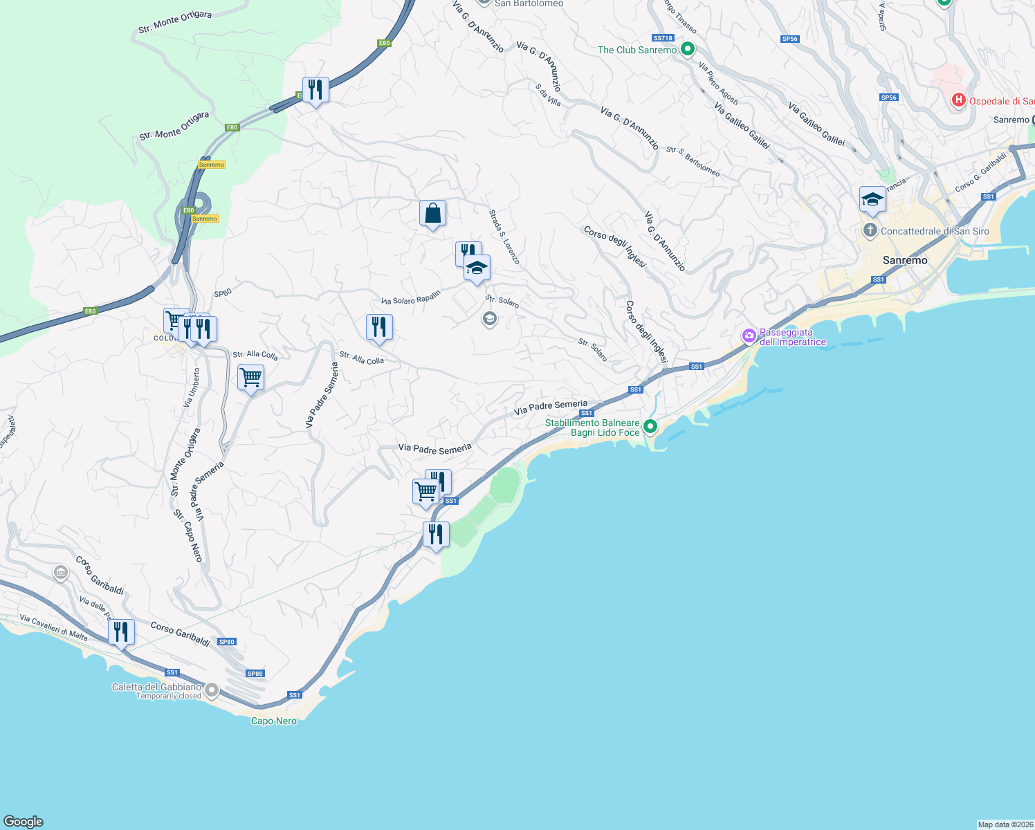 map of restaurants, bars, coffee shops, grocery stores, and more near 87 Via Padre Semeria in Sanremo