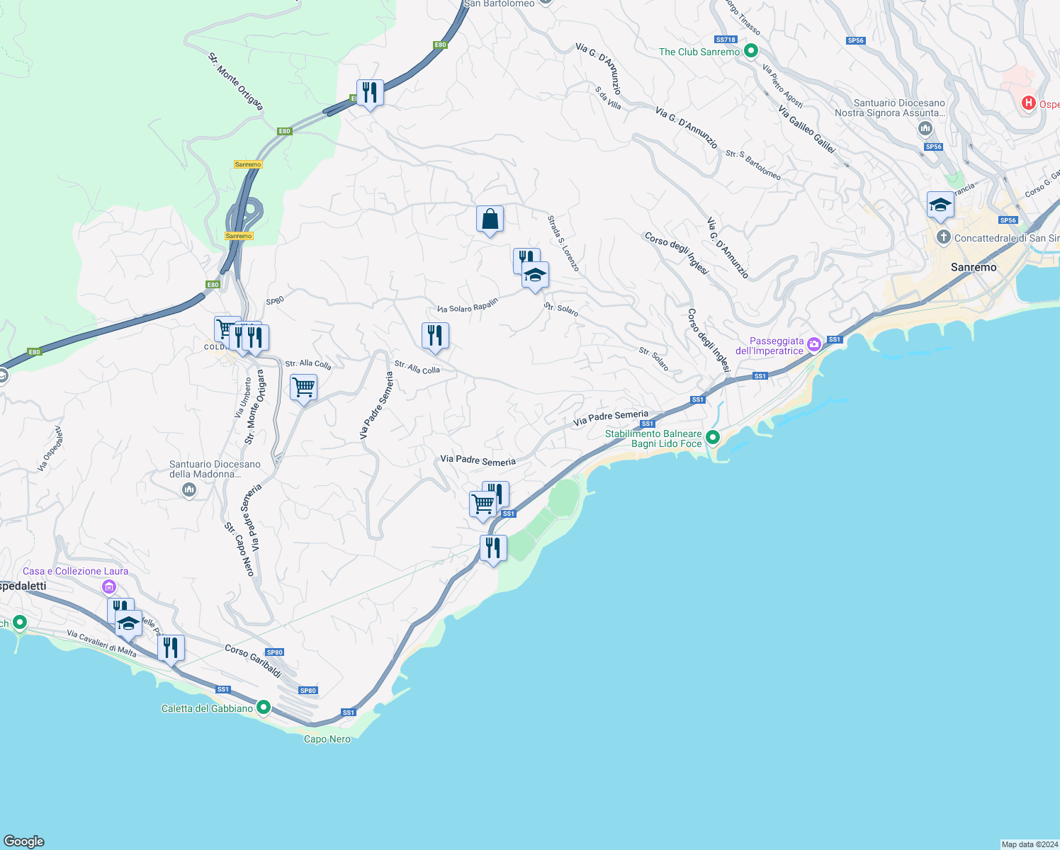 map of restaurants, bars, coffee shops, grocery stores, and more near 2361 Via Padre Semeria in Sanremo