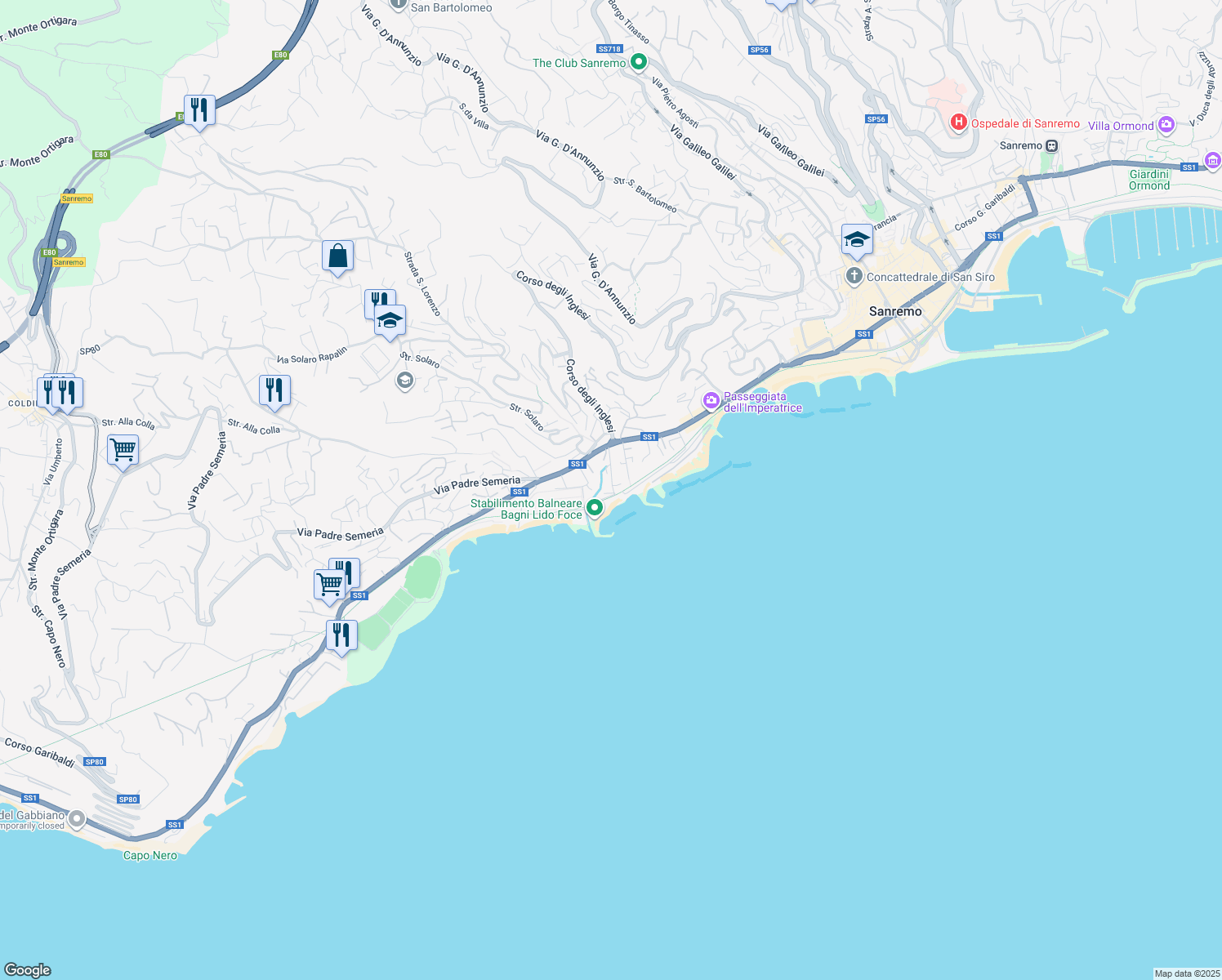map of restaurants, bars, coffee shops, grocery stores, and more near 21 Via Barabino in Sanremo