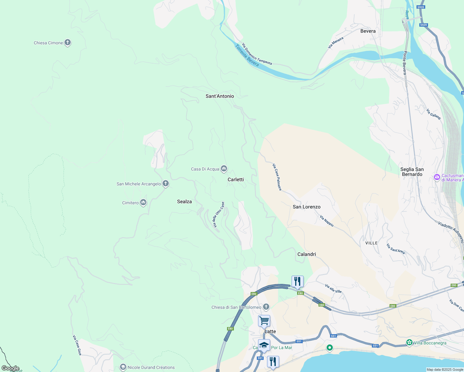 map of restaurants, bars, coffee shops, grocery stores, and more near 49A Via Giuseppe Ughetto in Carletti