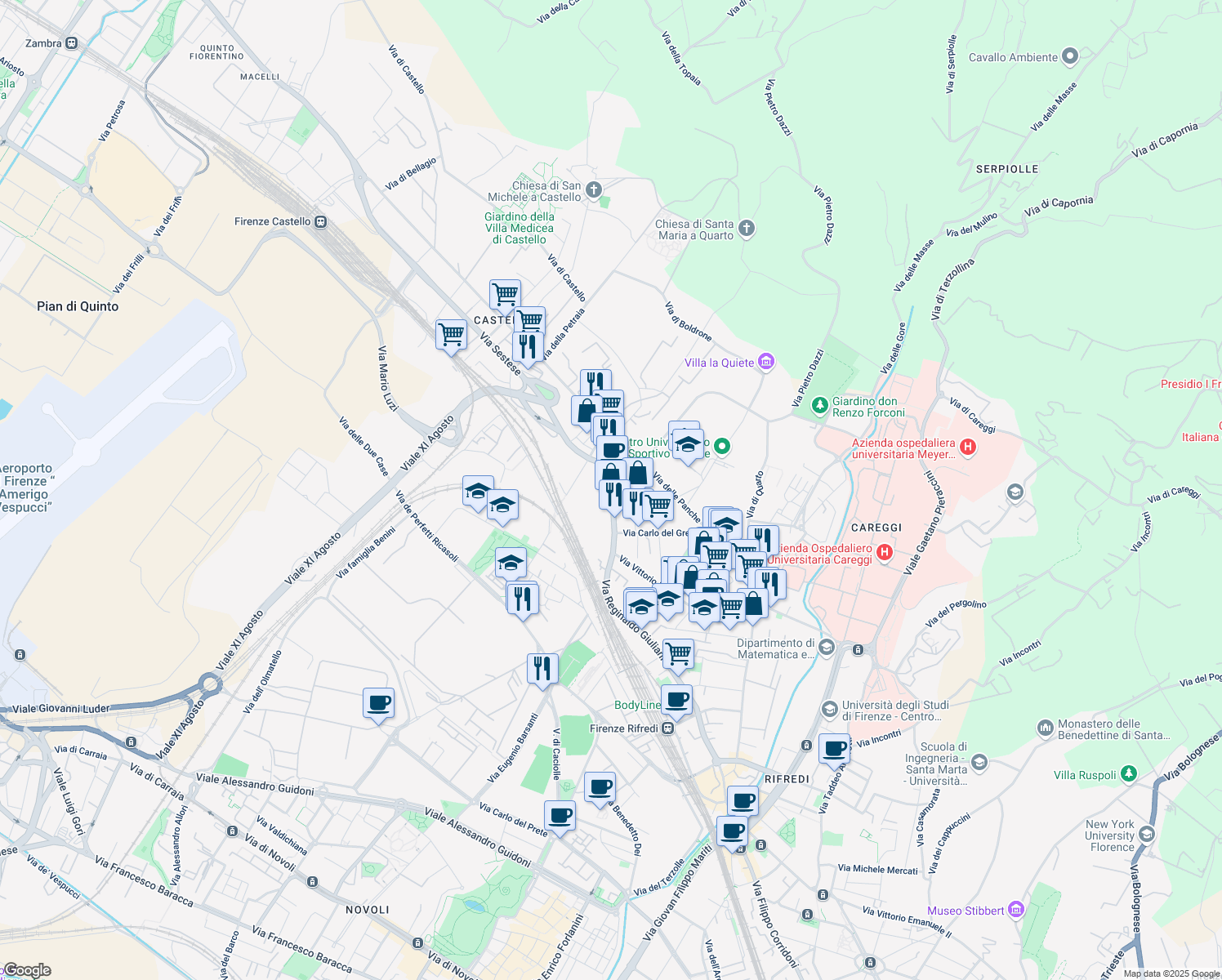 map of restaurants, bars, coffee shops, grocery stores, and more near 201 Via Padre Reginaldo Giuliani in Firenze