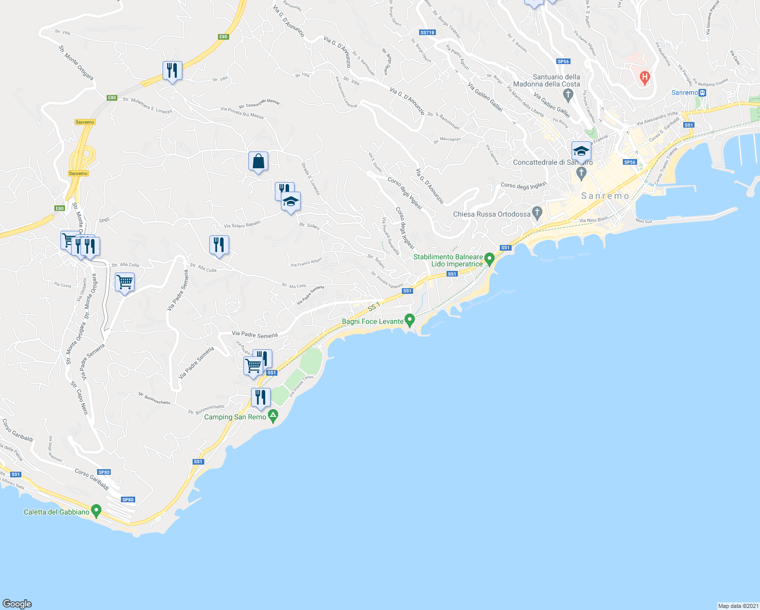map of restaurants, bars, coffee shops, grocery stores, and more near 19 Corso Guglielmo Marconi in Sanremo