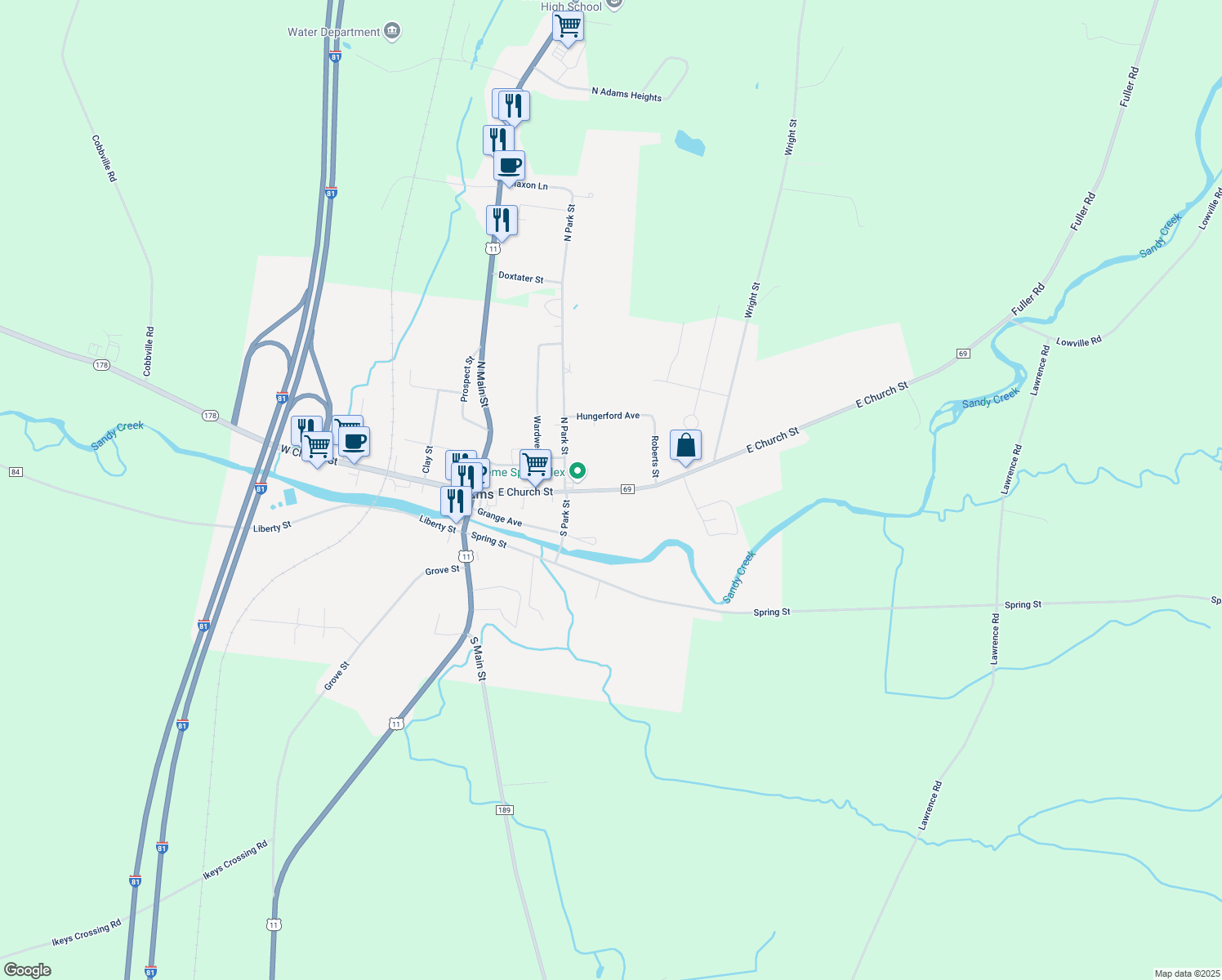 map of restaurants, bars, coffee shops, grocery stores, and more near 60 County Road 69 in Adams
