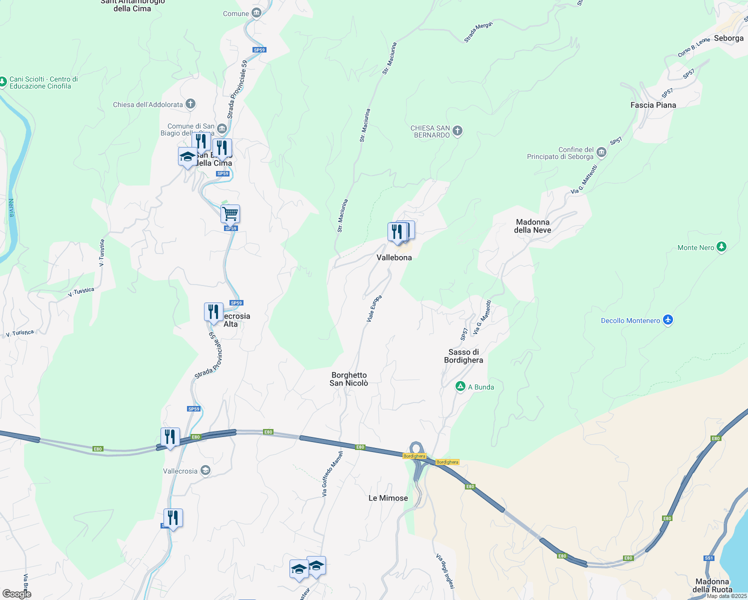 map of restaurants, bars, coffee shops, grocery stores, and more near 31 Viale Europa in Vallebona