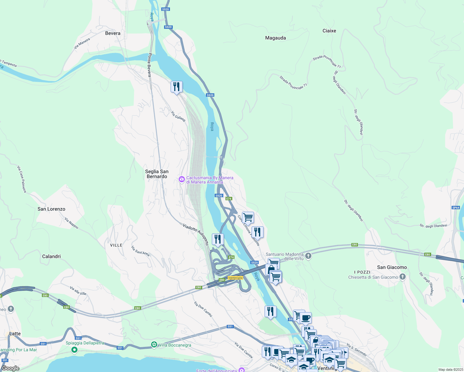 map of restaurants, bars, coffee shops, grocery stores, and more near 34 Via Vicari in Ventimiglia