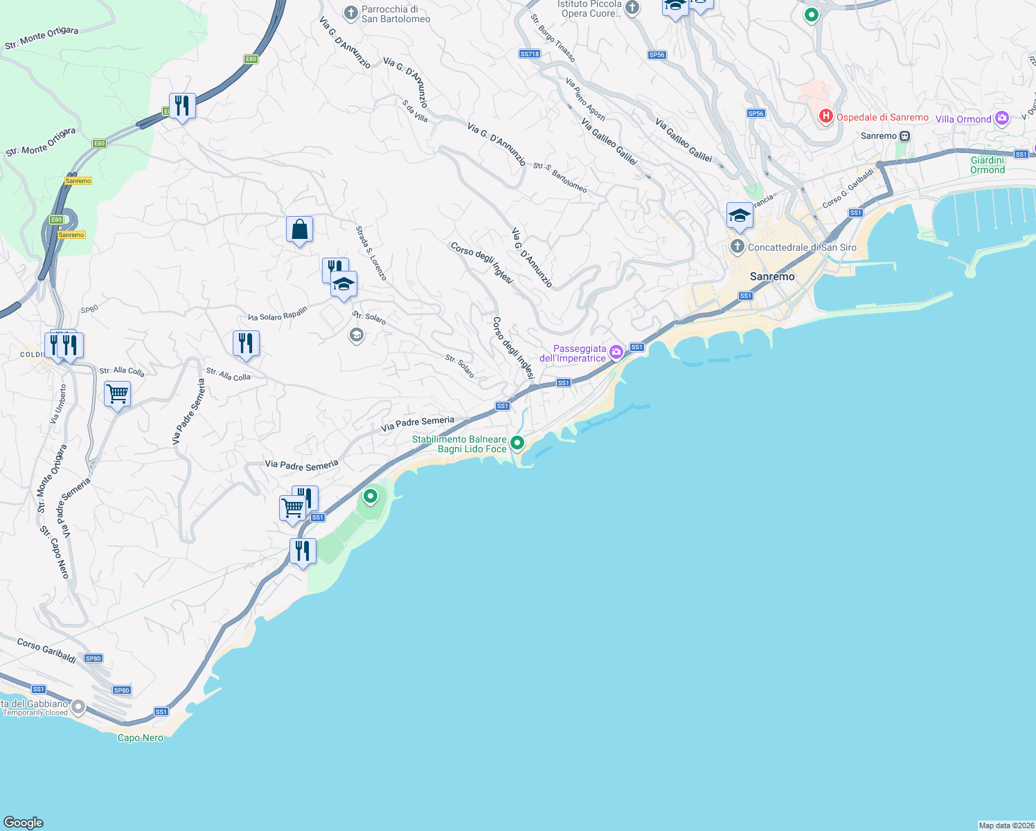 map of restaurants, bars, coffee shops, grocery stores, and more near 28 Corso Matuzia in Sanremo