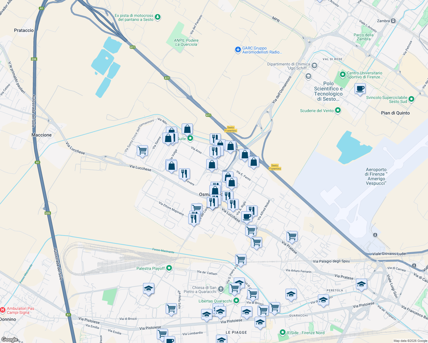 map of restaurants, bars, coffee shops, grocery stores, and more near 23 Via Tevere in Osmannoro,Sesto Fiorentino