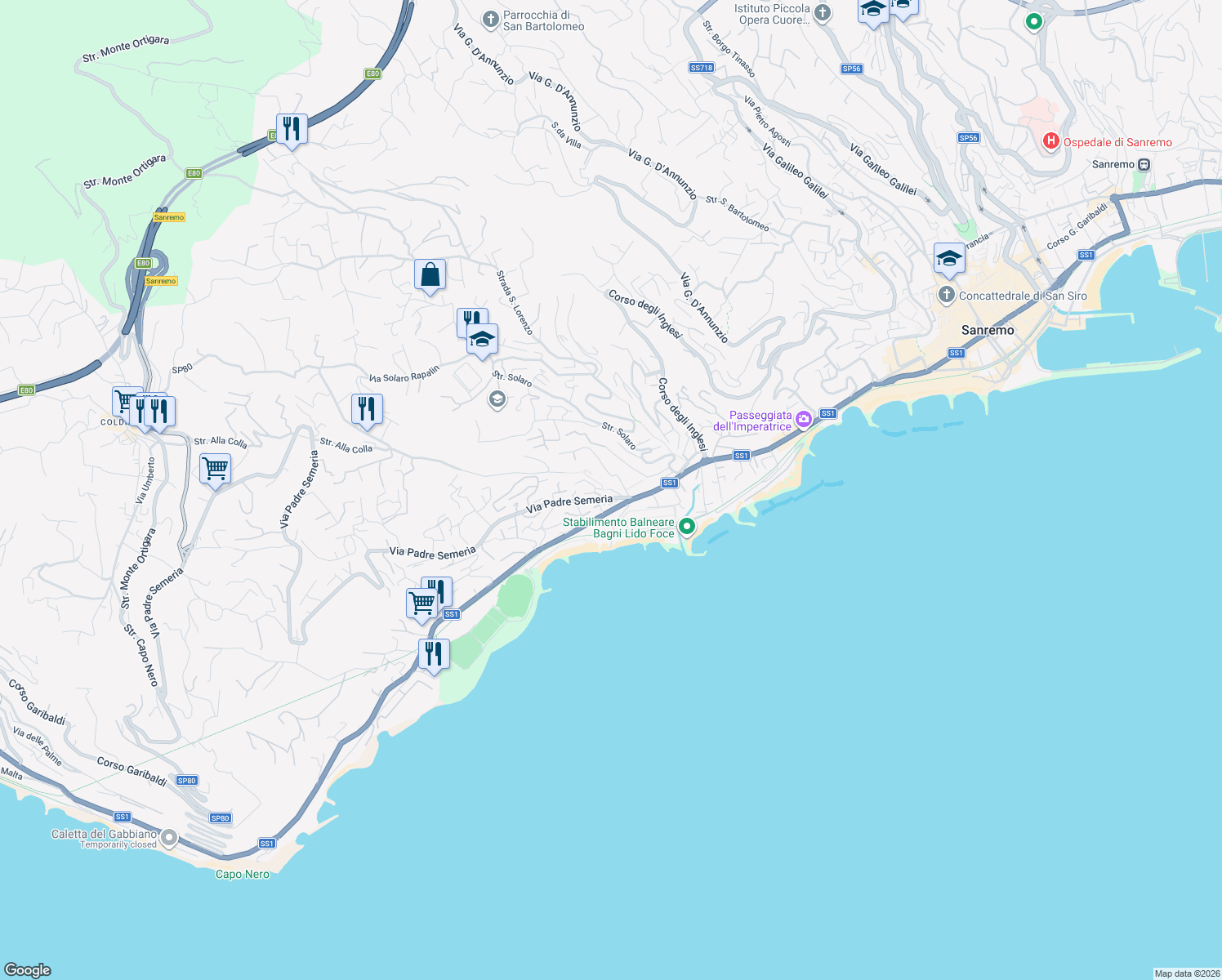 map of restaurants, bars, coffee shops, grocery stores, and more near 8 Strada Alla Colla in Sanremo
