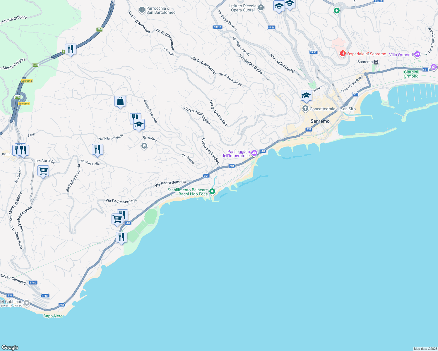 map of restaurants, bars, coffee shops, grocery stores, and more near 28 Corso Matuzia in Sanremo