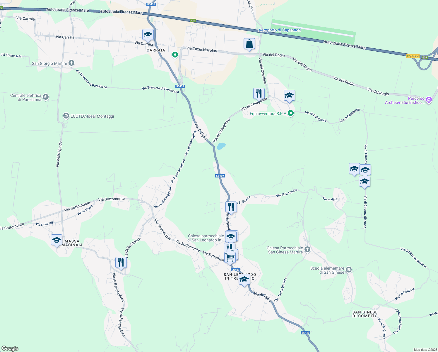 map of restaurants, bars, coffee shops, grocery stores, and more near 324 Via di Tiglio in Capannori