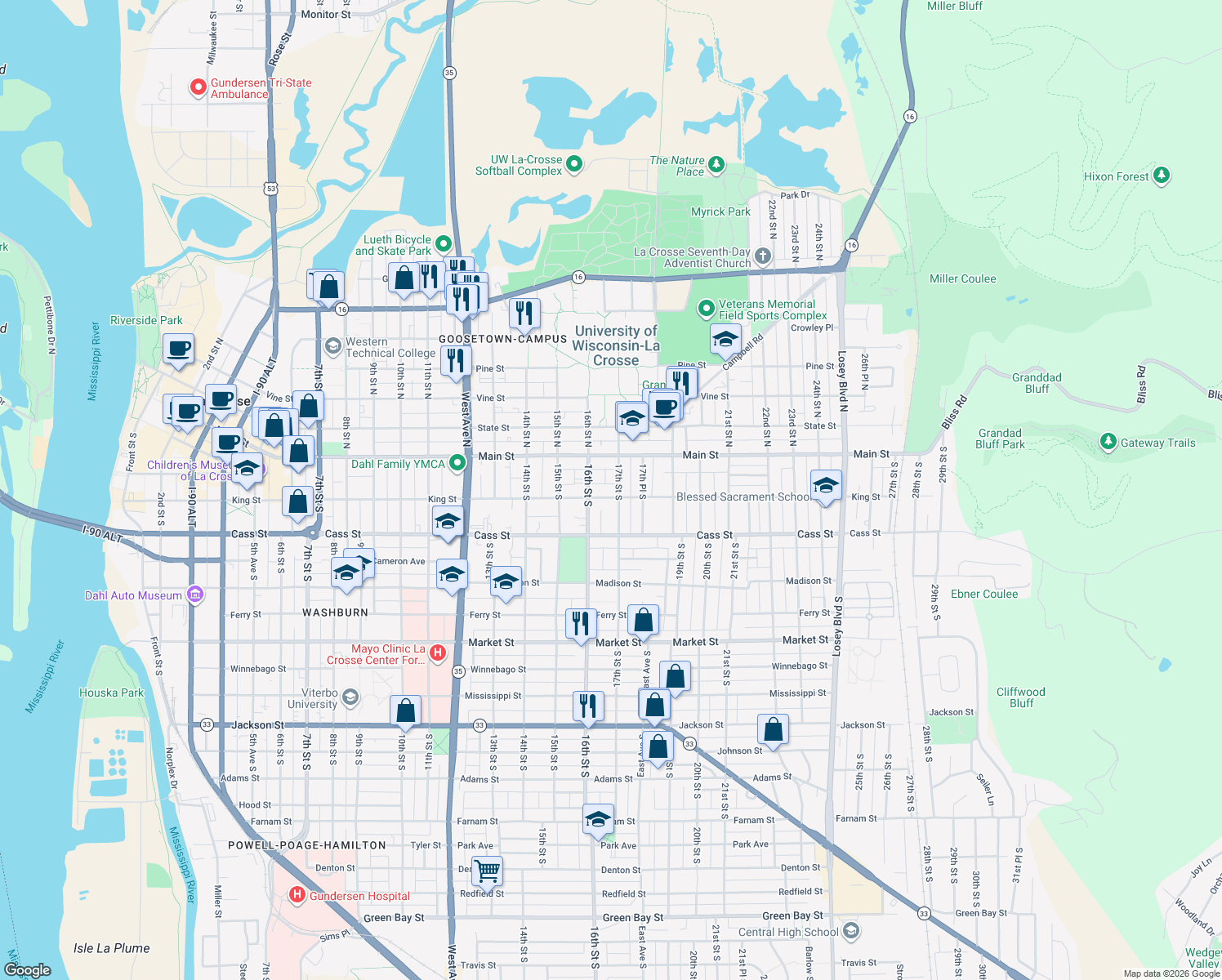 map of restaurants, bars, coffee shops, grocery stores, and more near 1629 King Street in La Crosse