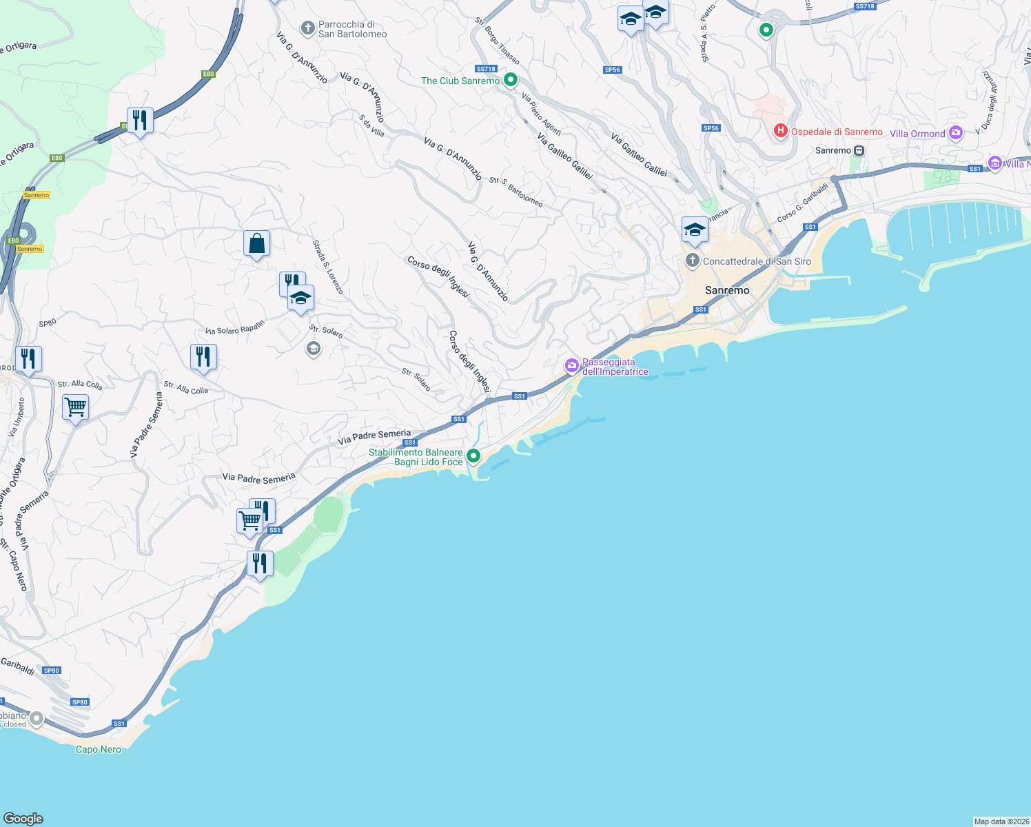 map of restaurants, bars, coffee shops, grocery stores, and more near 21 Corso Matuzia in Sanremo