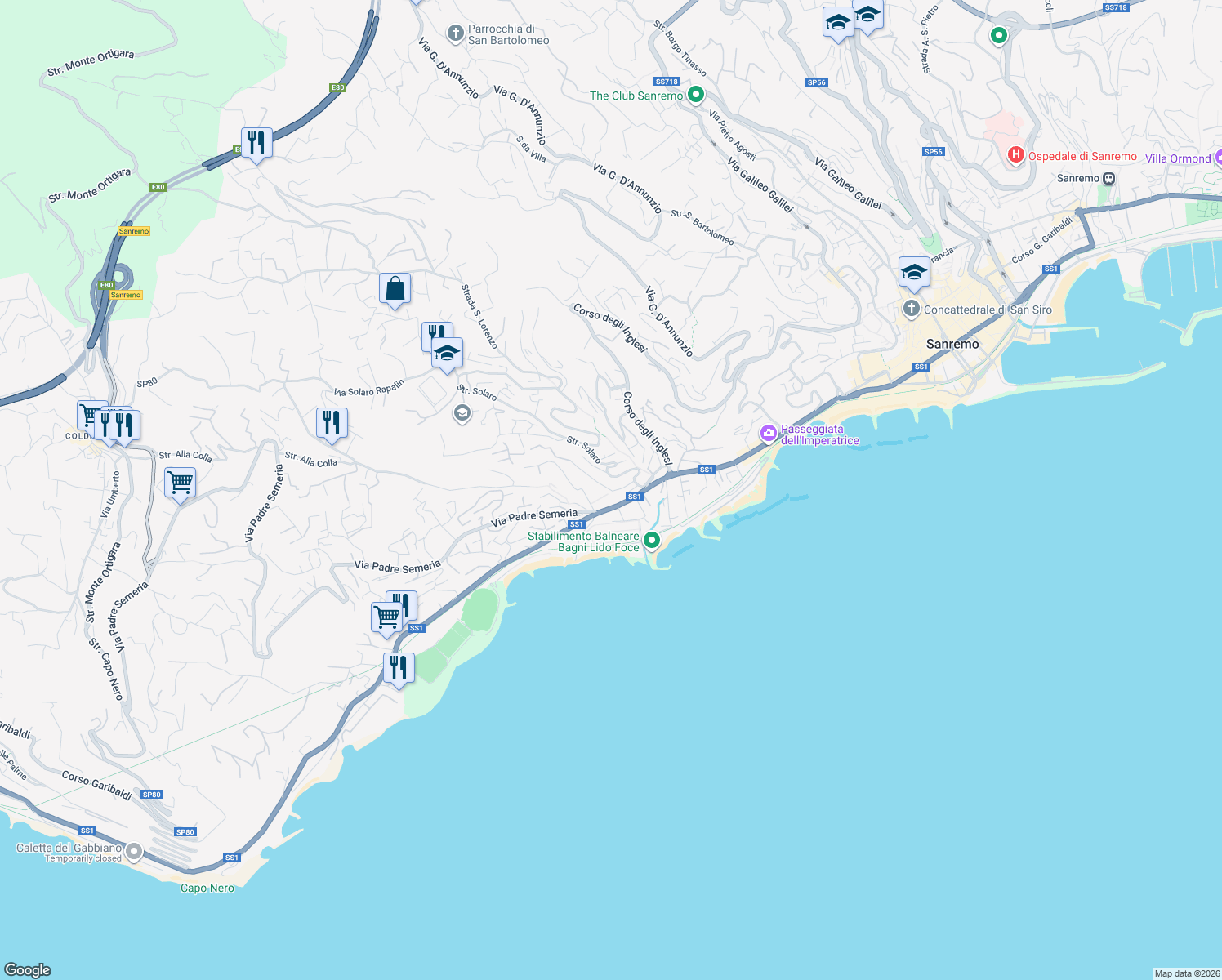 map of restaurants, bars, coffee shops, grocery stores, and more near 38 Strada Privata Vallarino in Sanremo