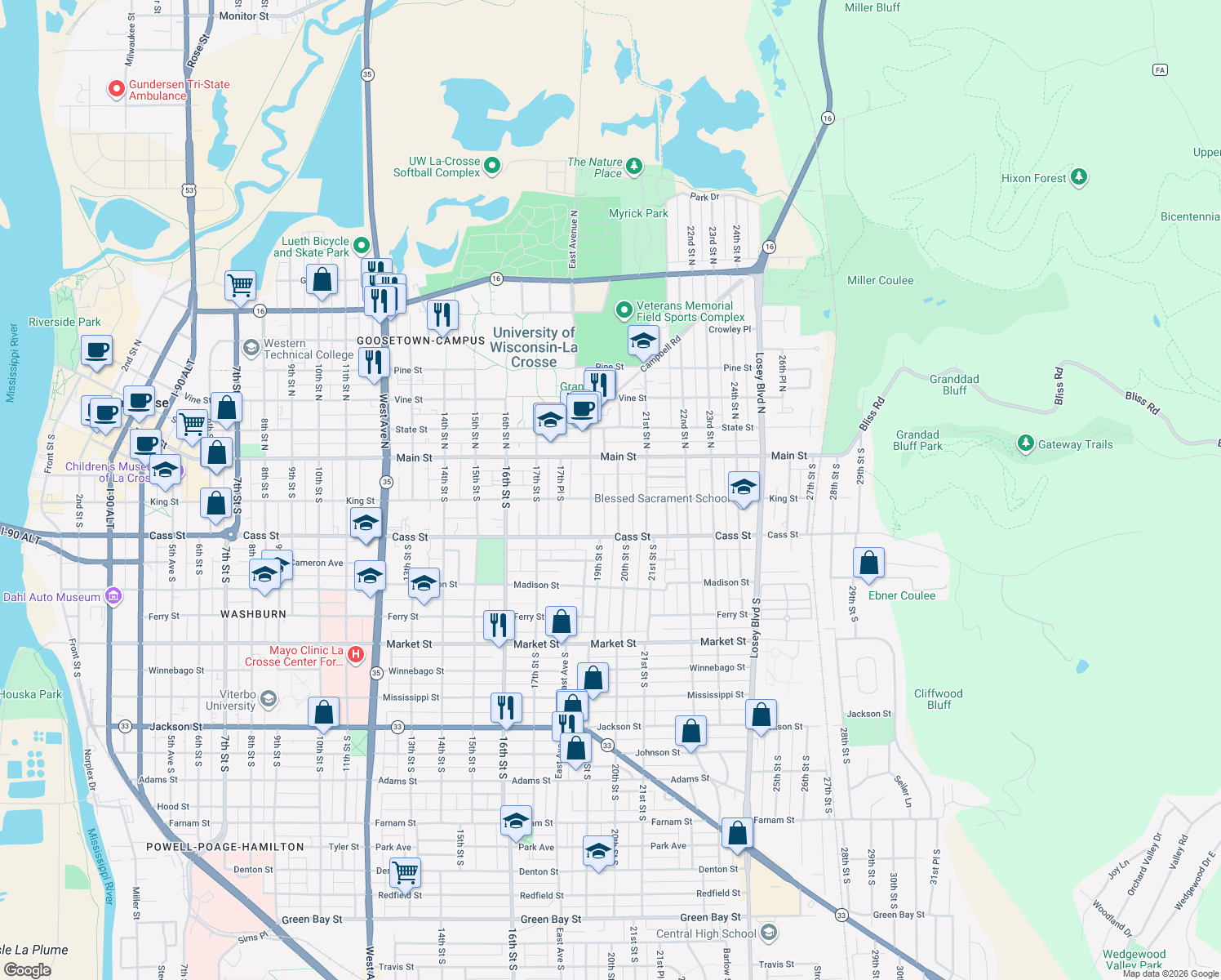 map of restaurants, bars, coffee shops, grocery stores, and more near 140 20th Street South in La Crosse