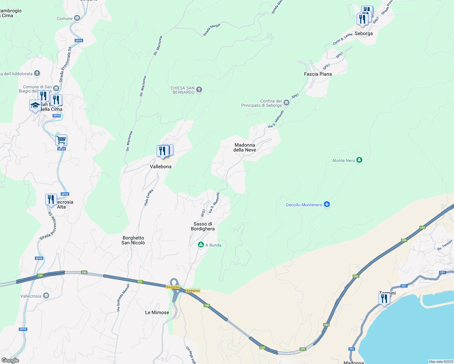 map of restaurants, bars, coffee shops, grocery stores, and more near 12 Via G. Matteotti in Provincia di Imperia