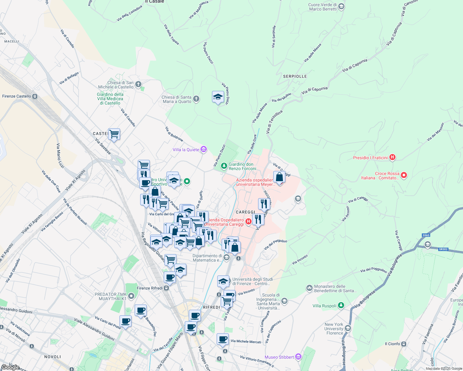 map of restaurants, bars, coffee shops, grocery stores, and more near 53 Via Gaspare Aselli in Firenze