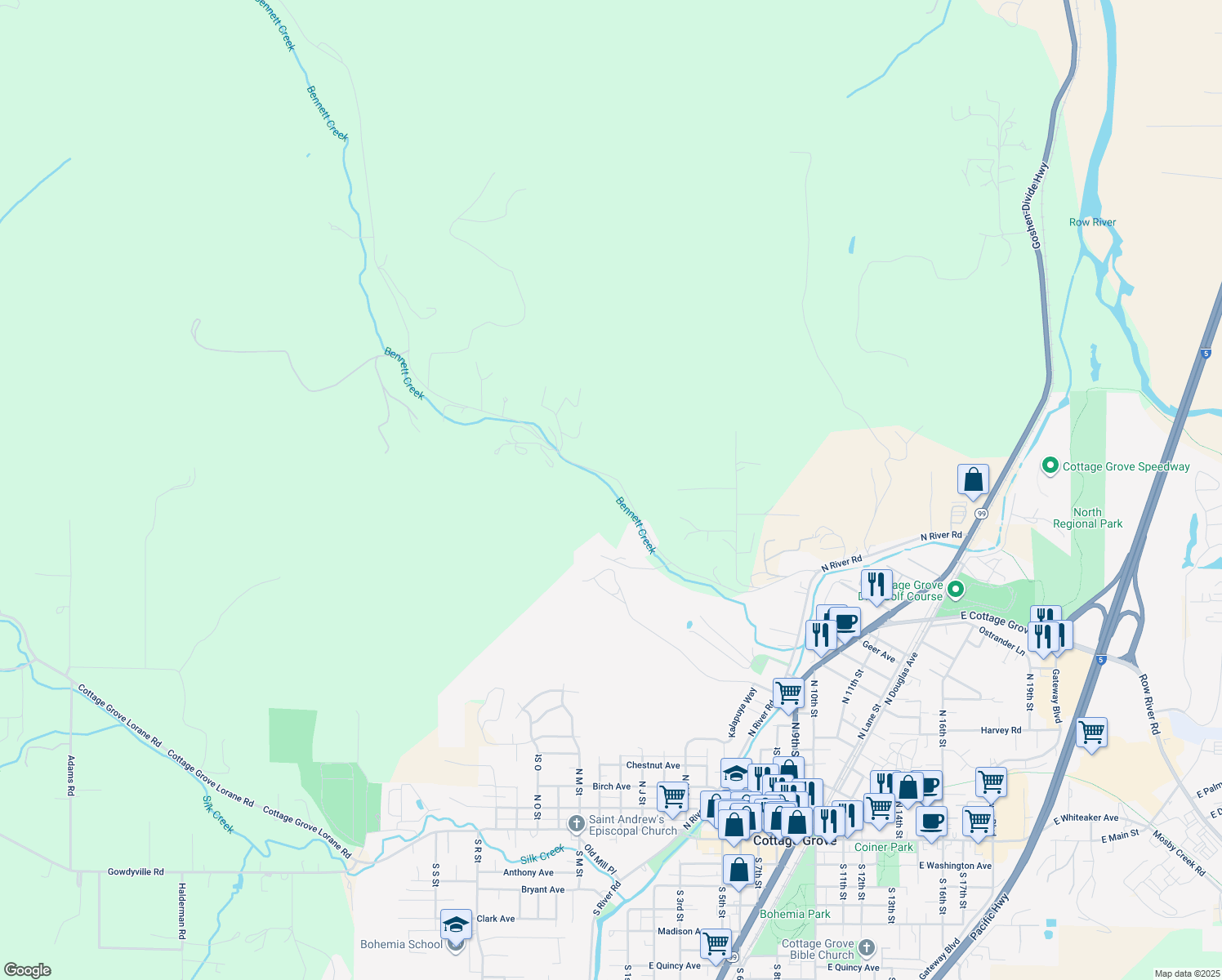 map of restaurants, bars, coffee shops, grocery stores, and more near 711 Bennett Creek Road in Cottage Grove