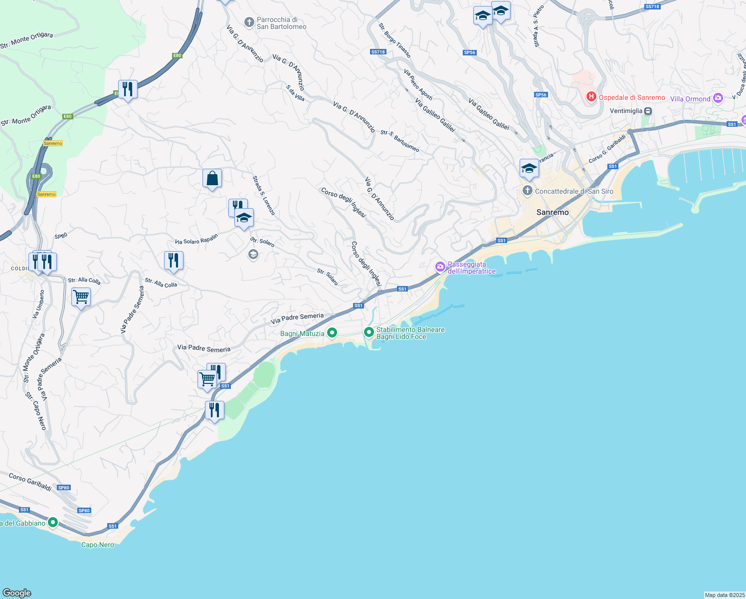 map of restaurants, bars, coffee shops, grocery stores, and more near 28 Corso Matuzia in Sanremo