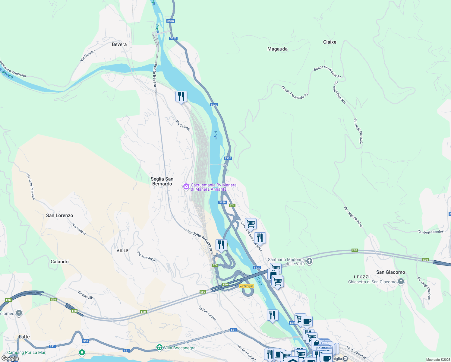 map of restaurants, bars, coffee shops, grocery stores, and more near 162 Corso Limone Piemonte in Ventimiglia