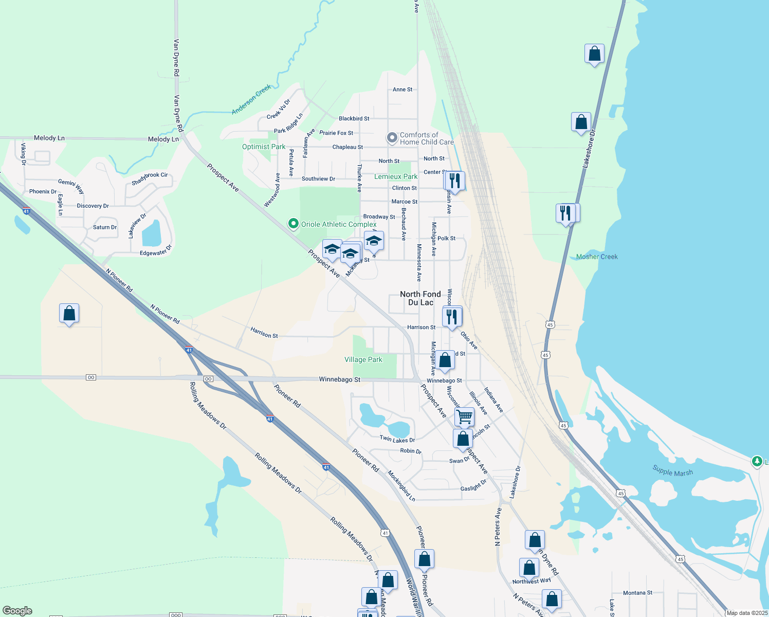map of restaurants, bars, coffee shops, grocery stores, and more near 824 Prospect Ave in North Fond du Lac