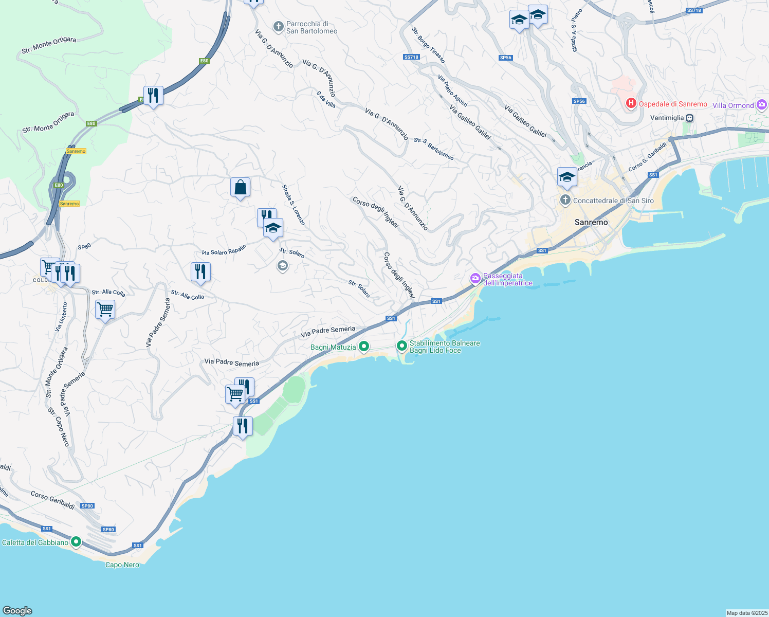 map of restaurants, bars, coffee shops, grocery stores, and more near 1 Via Legnano in Sanremo