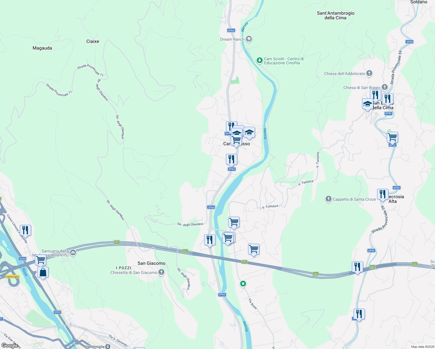 map of restaurants, bars, coffee shops, grocery stores, and more near 15 Via Sant'Anna in Camporosso