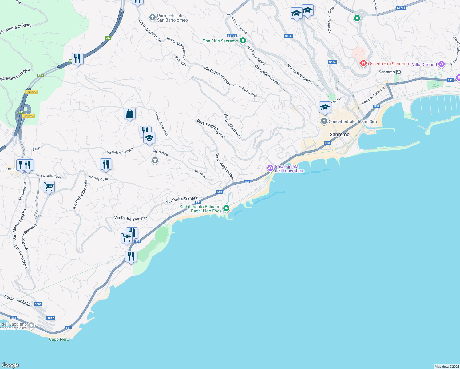 map of restaurants, bars, coffee shops, grocery stores, and more near 28 Corso Matuzia in Sanremo