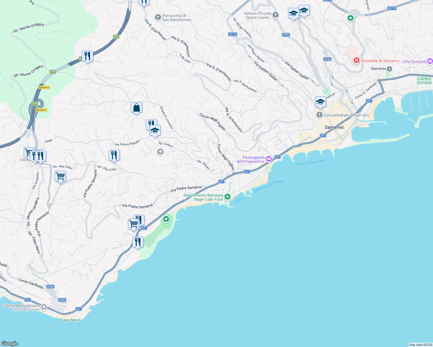 map of restaurants, bars, coffee shops, grocery stores, and more near 38 Strada Privata Vallarino in Sanremo