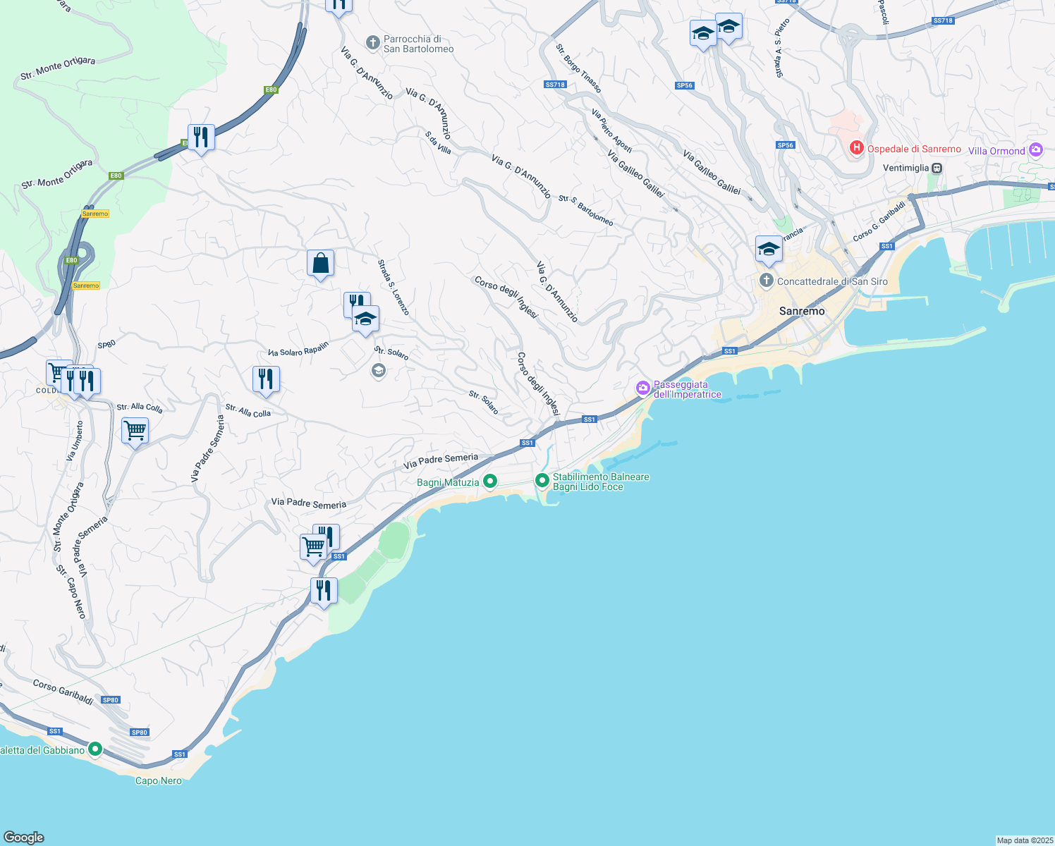 map of restaurants, bars, coffee shops, grocery stores, and more near 1 Via Legnano in Sanremo